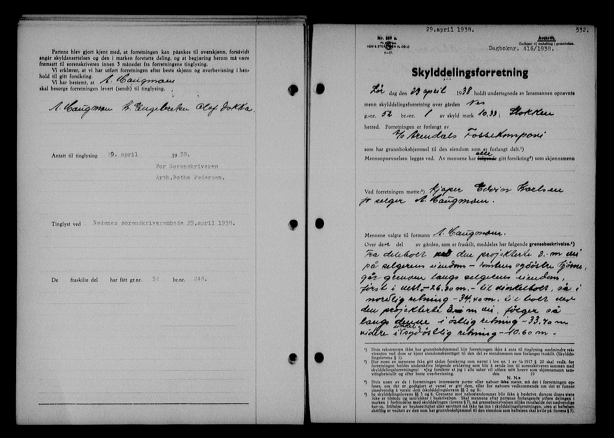Nedenes sorenskriveri, AV/SAK-1221-0006/G/Gb/Gba/L0044: Mortgage book no. 40, 1937-1938, Diary no: : 416/1938