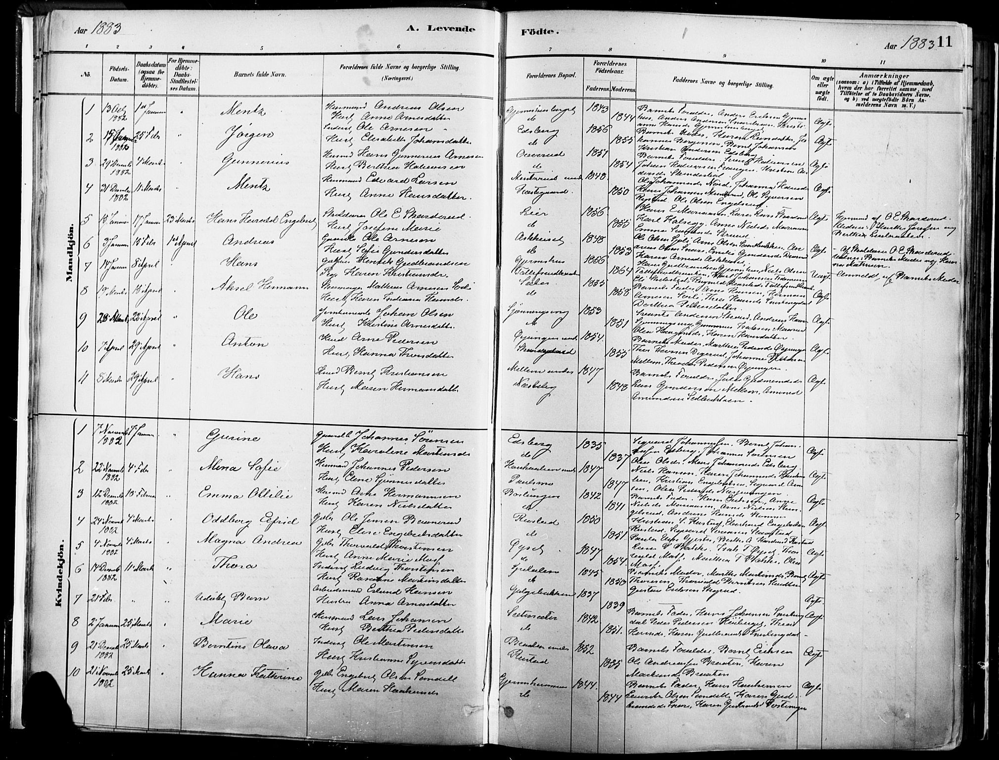 Vinger prestekontor, SAH/PREST-024/H/Ha/Haa/L0014: Parish register (official) no. 14, 1881-1900, p. 11