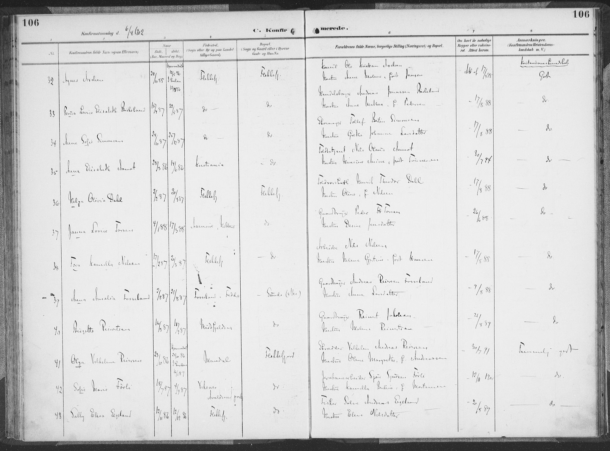 Flekkefjord sokneprestkontor, AV/SAK-1111-0012/F/Fa/Faa/L0002: Parish register (official) no. A 2, 1900-1912, p. 106