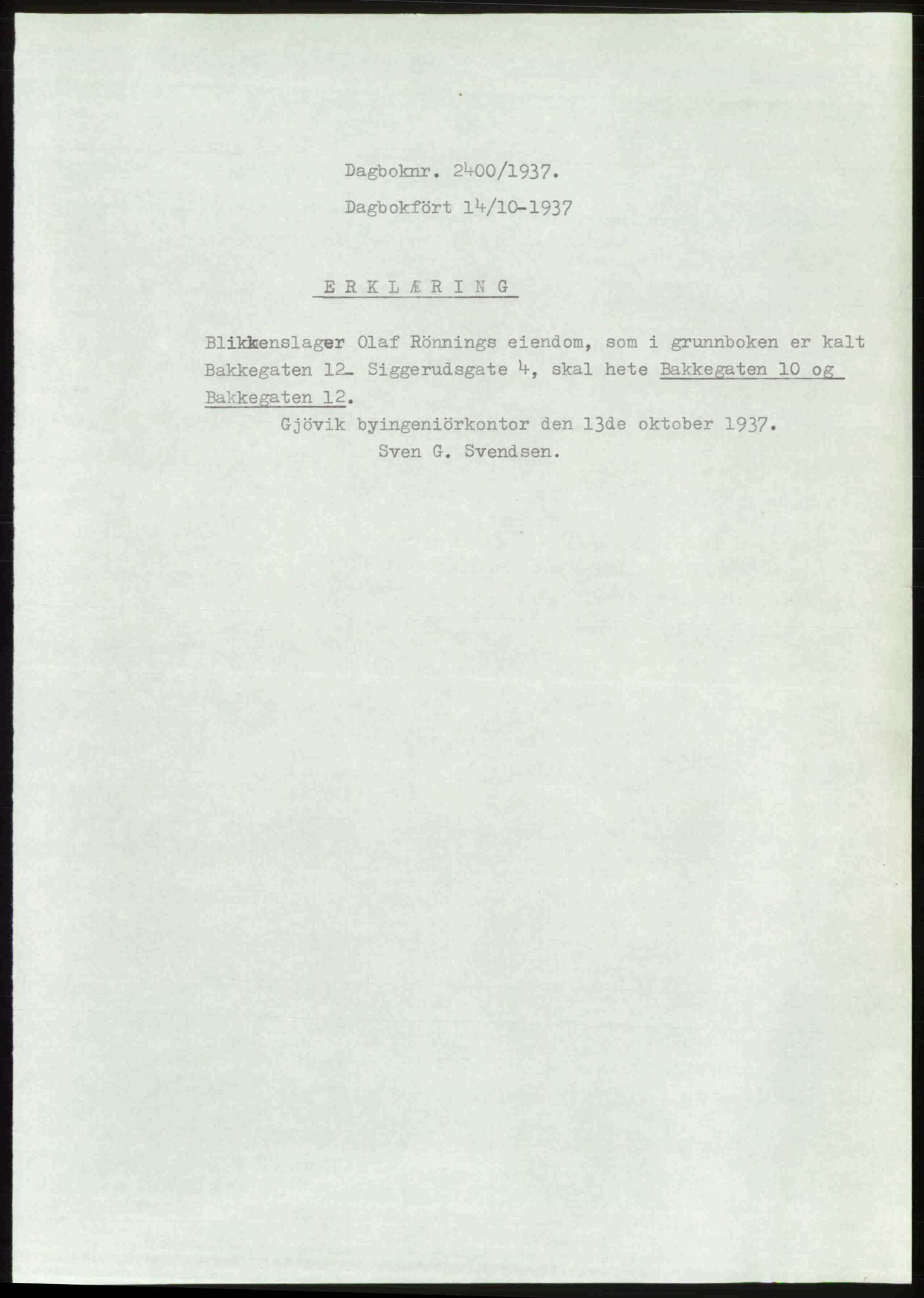 Toten tingrett, SAH/TING-006/H/Hb/Hbc/L0003: Mortgage book no. Hbc-03, 1937-1938, Diary no: : 2400/1937