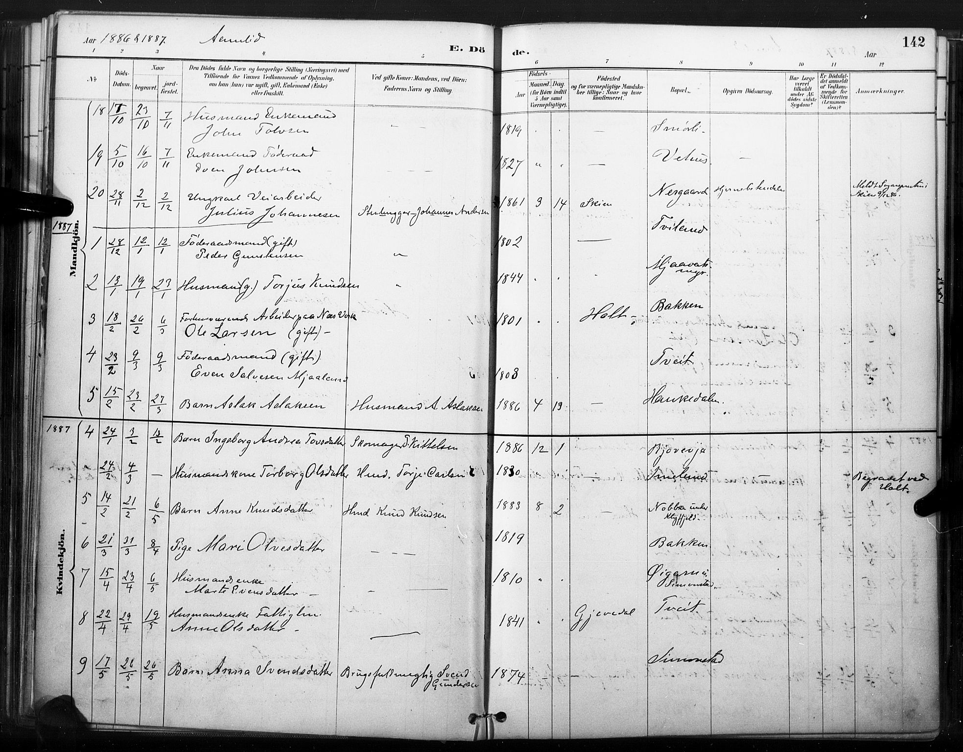 Åmli sokneprestkontor, SAK/1111-0050/F/Fa/Fac/L0010: Parish register (official) no. A 10 /1, 1885-1899, p. 142