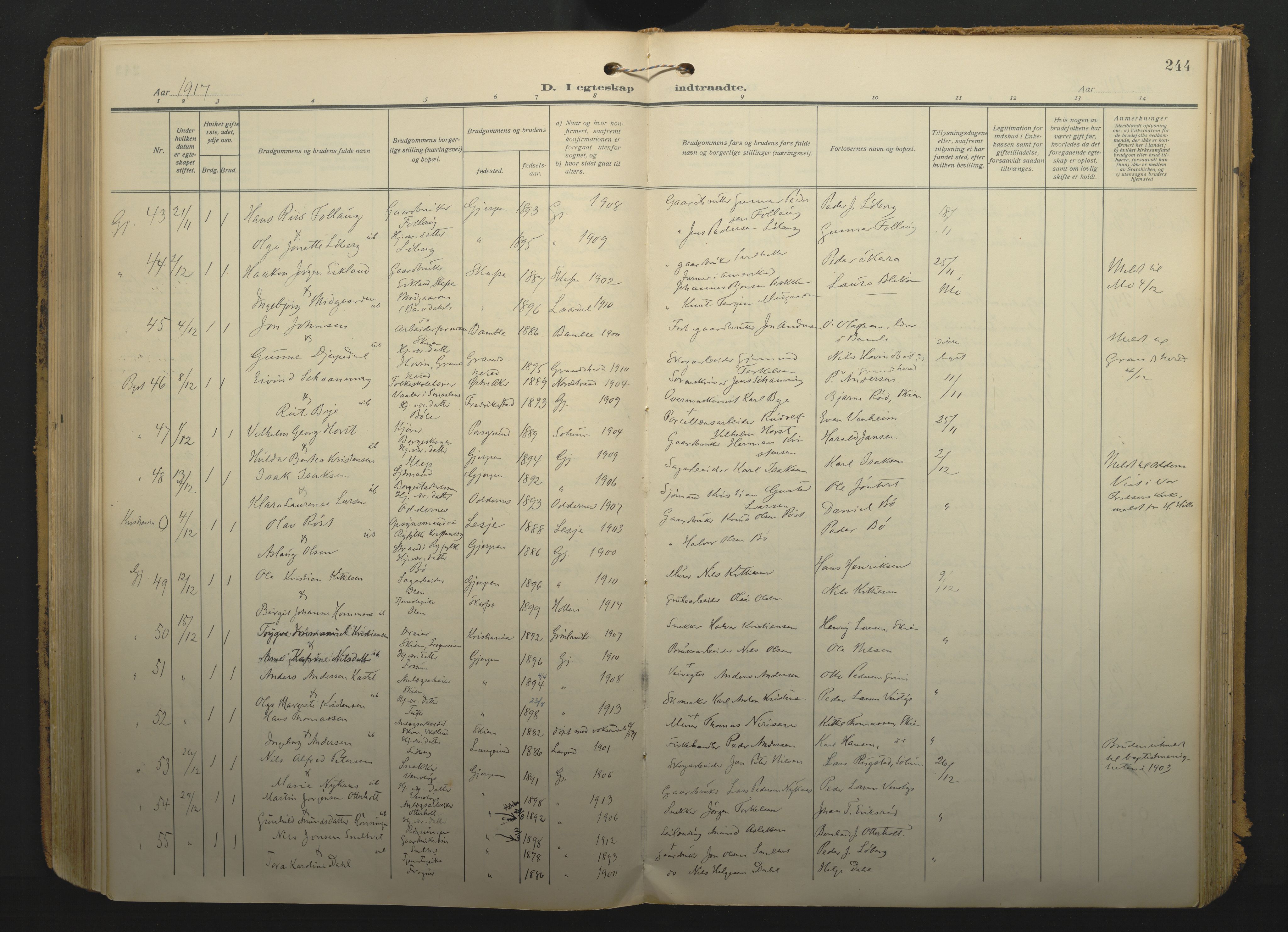 Gjerpen kirkebøker, SAKO/A-265/F/Fa/L0013: Parish register (official) no. I 13, 1914-1924, p. 244