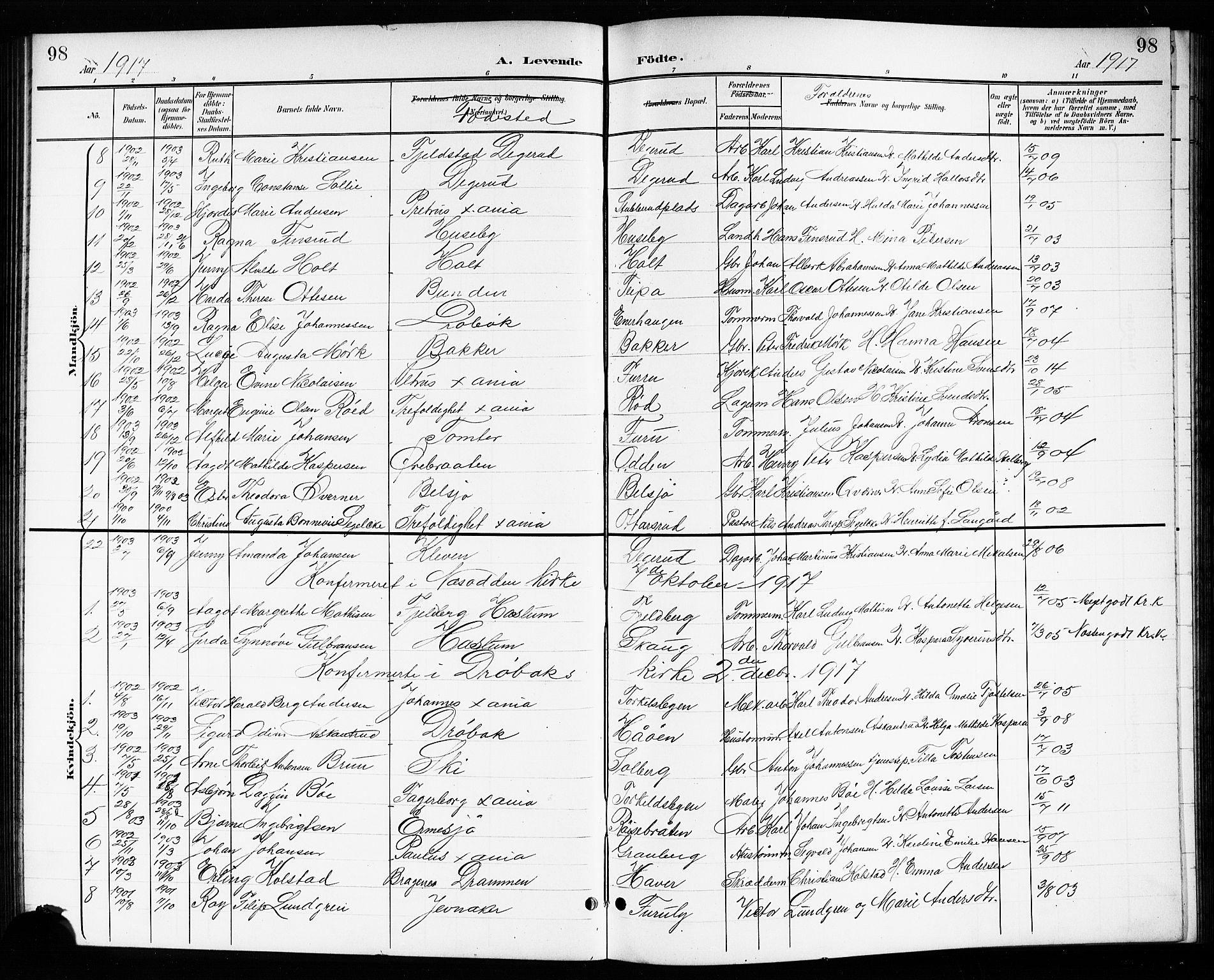 Drøbak prestekontor Kirkebøker, SAO/A-10142a/G/Gb/L0001: Parish register (copy) no. II 1, 1901-1919, p. 98