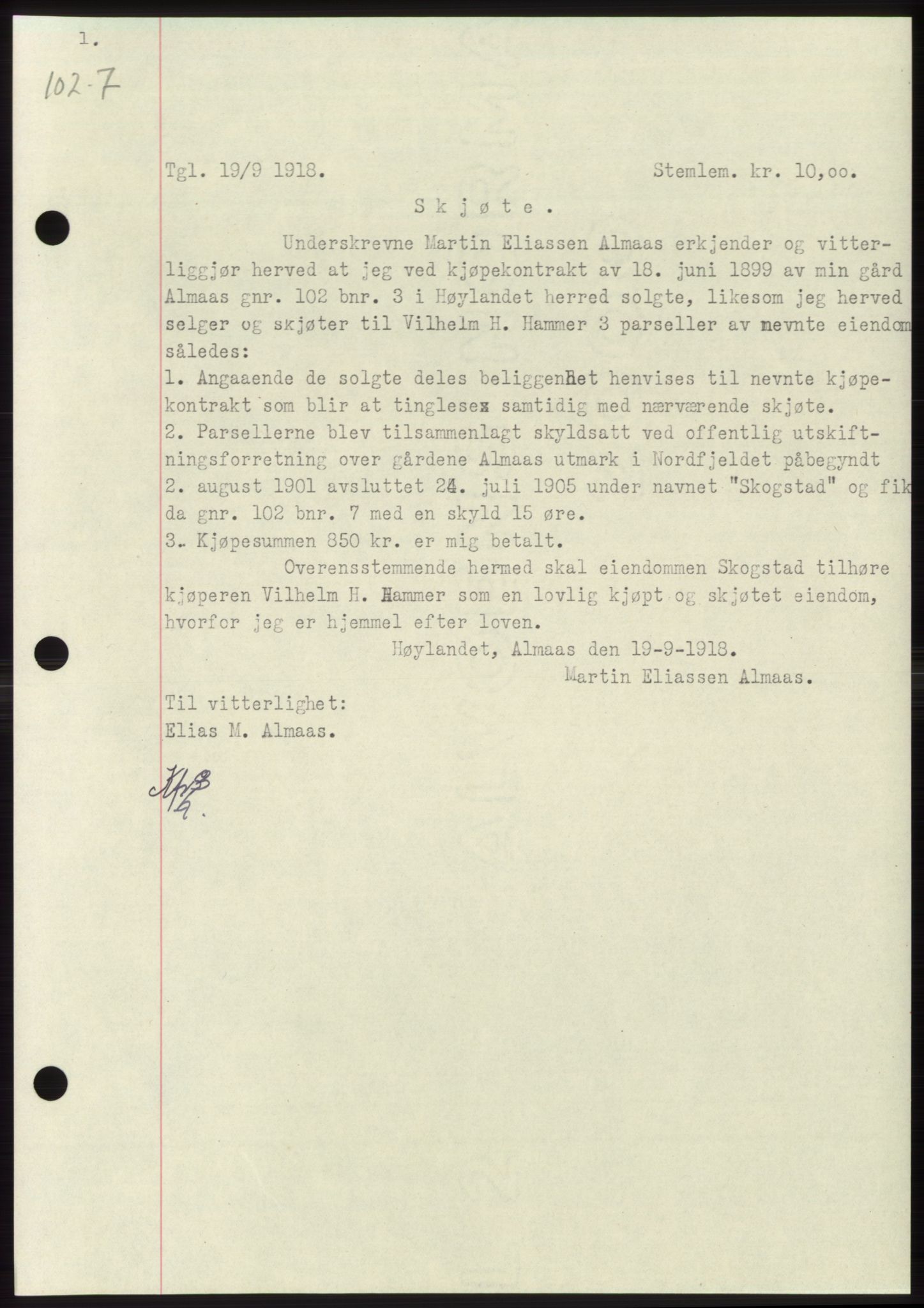 Namdal sorenskriveri, SAT/A-4133/1/2/2C: Mortgage book no. -, 1916-1921, Deed date: 19.09.1918