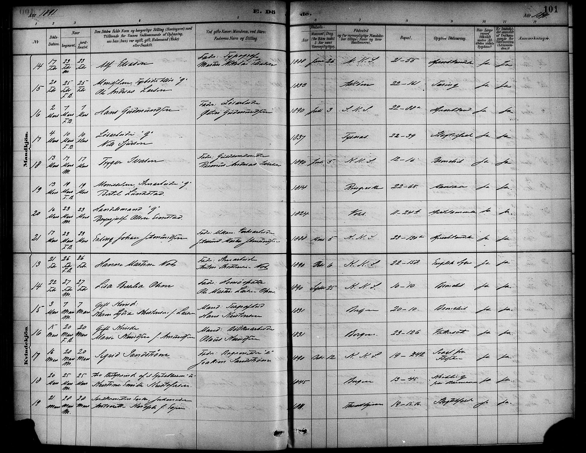 Korskirken sokneprestembete, AV/SAB-A-76101/H/Haa/L0047: Parish register (official) no. E 5, 1884-1910, p. 101