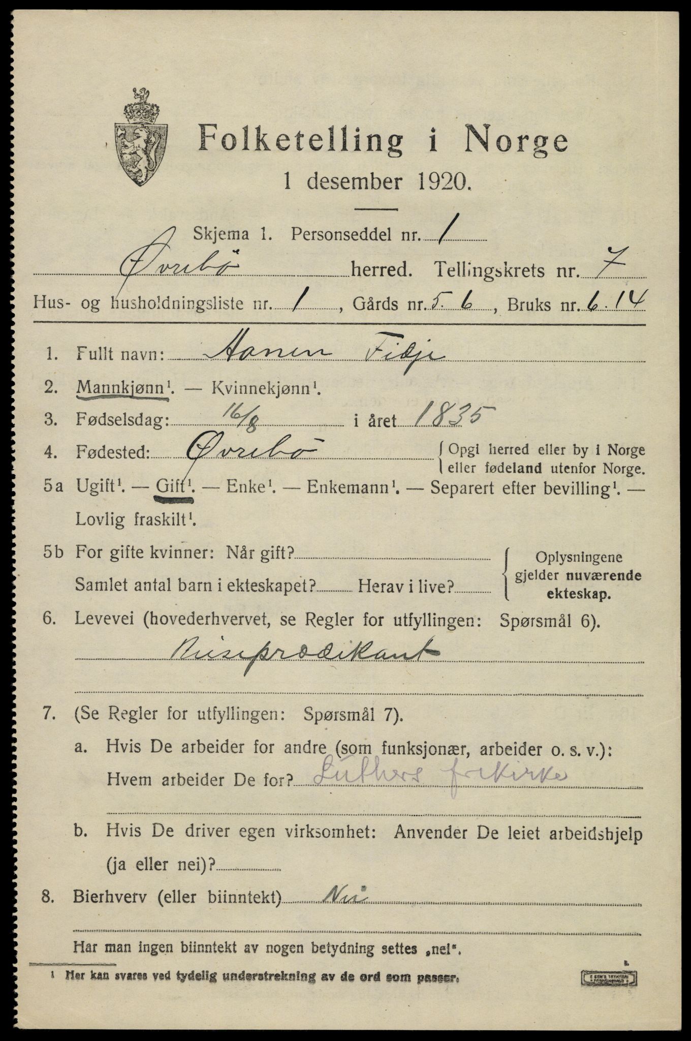 SAK, 1920 census for Øvrebø, 1920, p. 1458