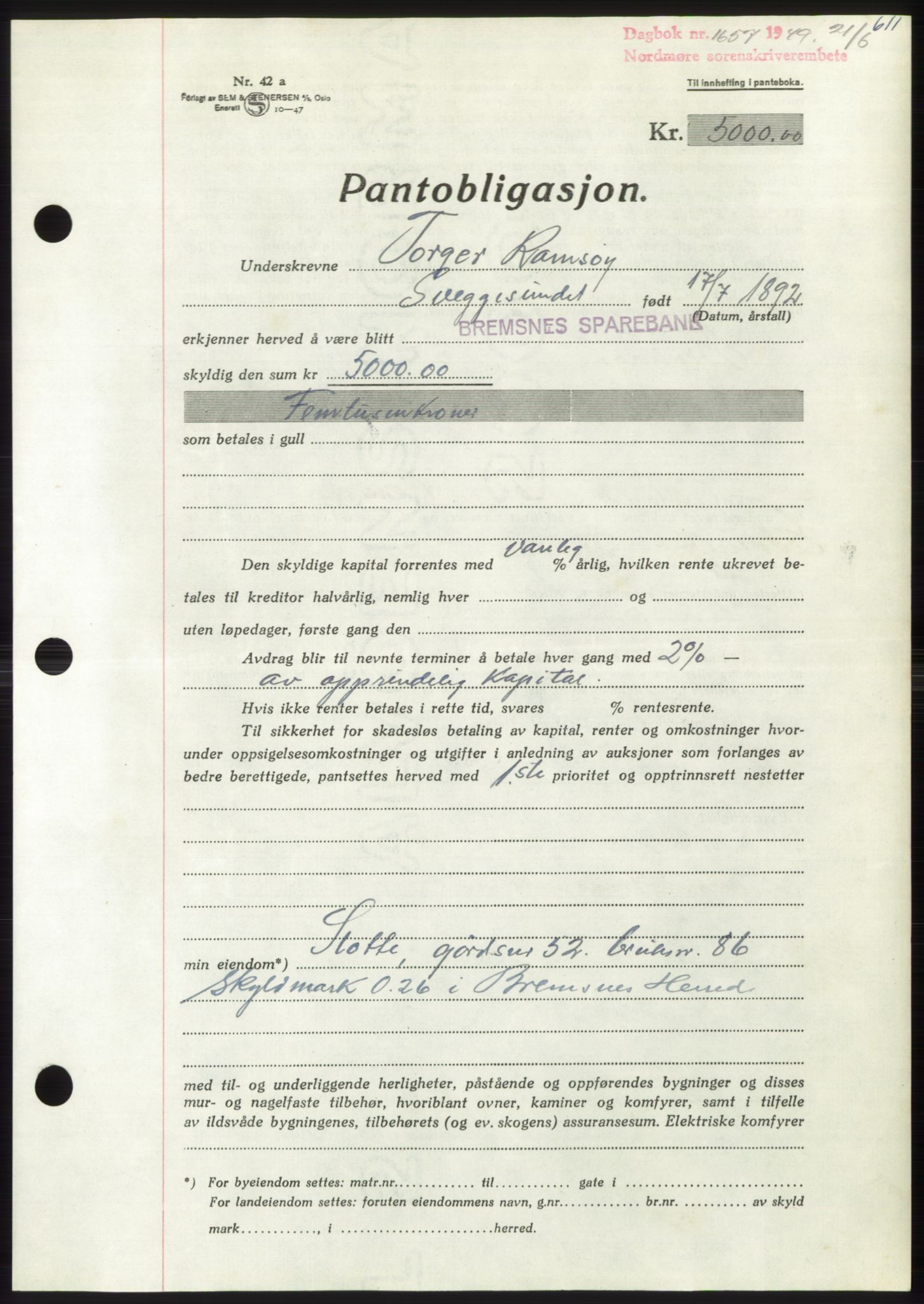 Nordmøre sorenskriveri, SAT/A-4132/1/2/2Ca: Mortgage book no. B101, 1949-1949, Diary no: : 1657/1949