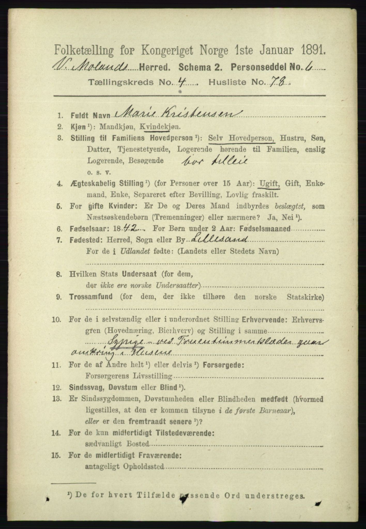 RA, 1891 census for 0926 Vestre Moland, 1891, p. 1747