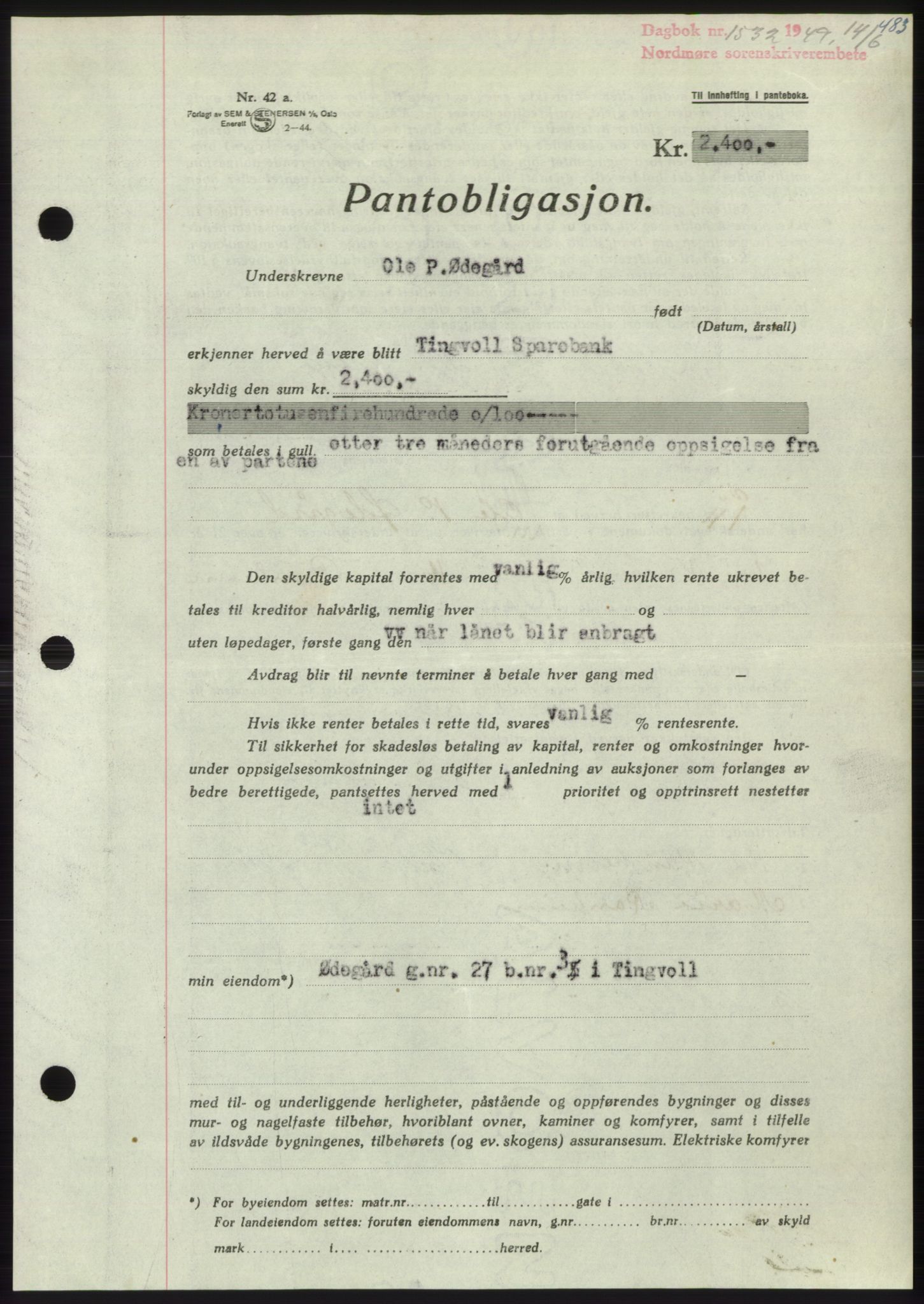 Nordmøre sorenskriveri, AV/SAT-A-4132/1/2/2Ca: Mortgage book no. B101, 1949-1949, Diary no: : 1532/1949