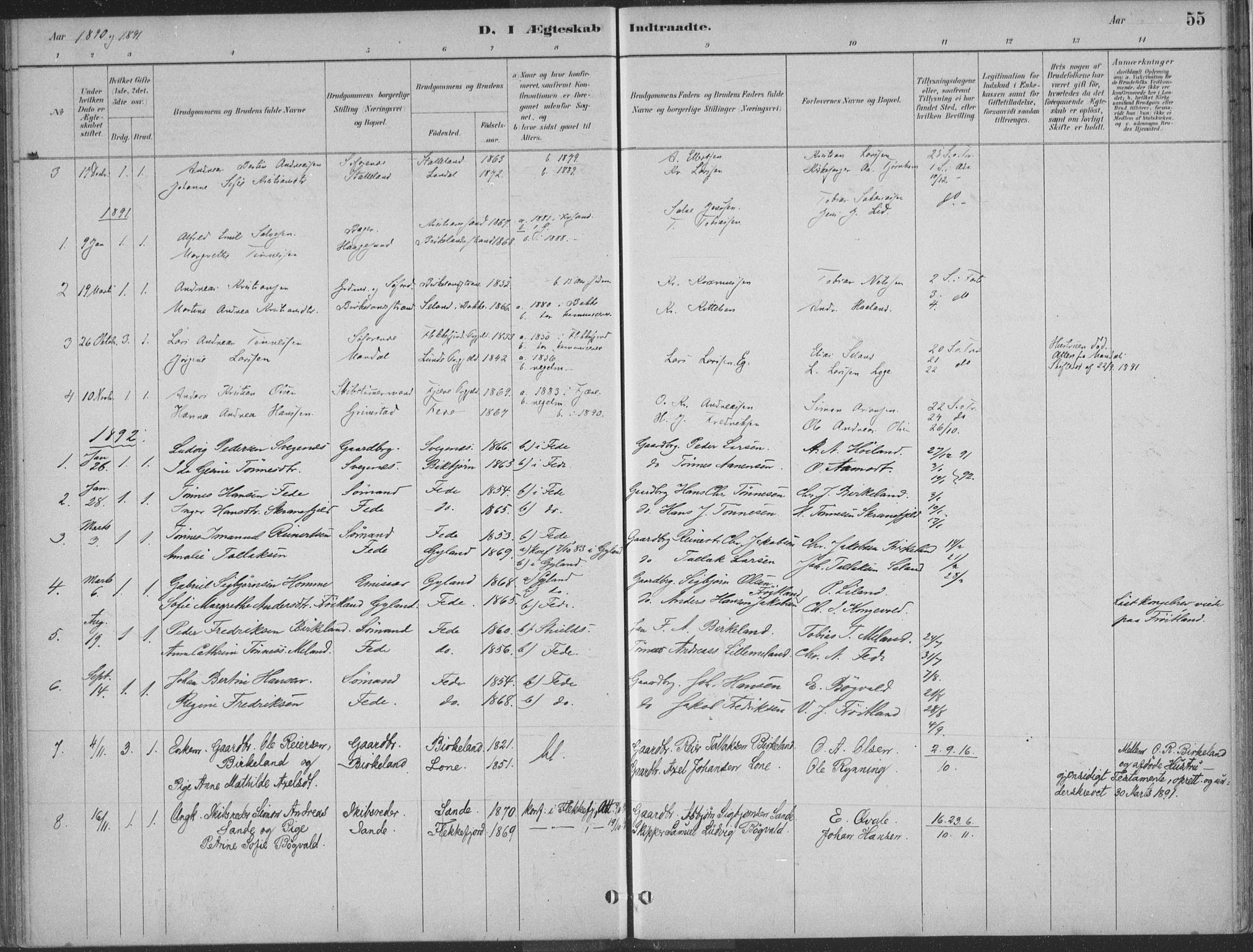 Kvinesdal sokneprestkontor, SAK/1111-0026/F/Fa/Faa/L0004: Parish register (official) no. A 4, 1882-1897, p. 55