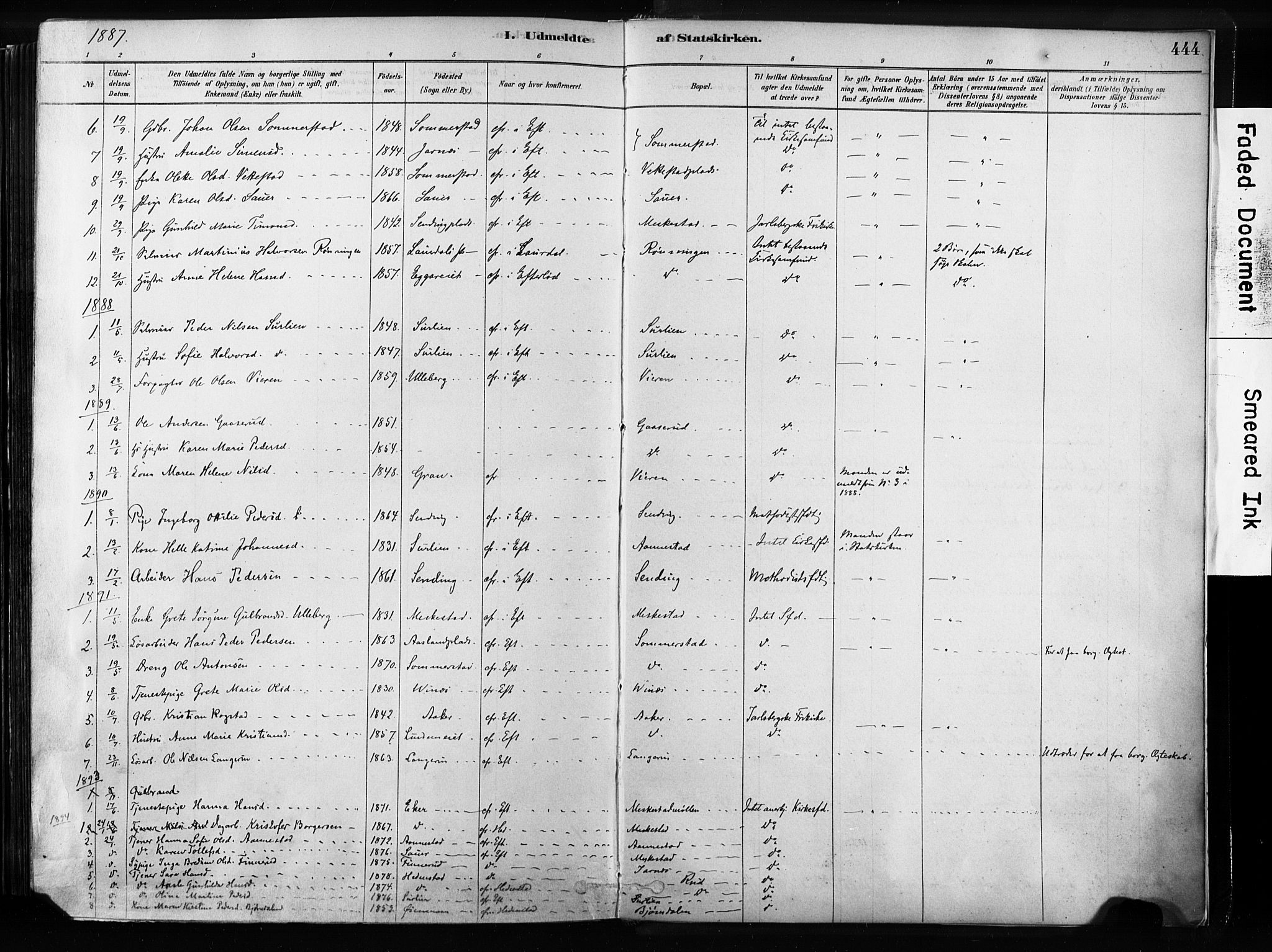 Sandsvær kirkebøker, SAKO/A-244/F/Fb/L0001: Parish register (official) no. II 1, 1878-1906, p. 444