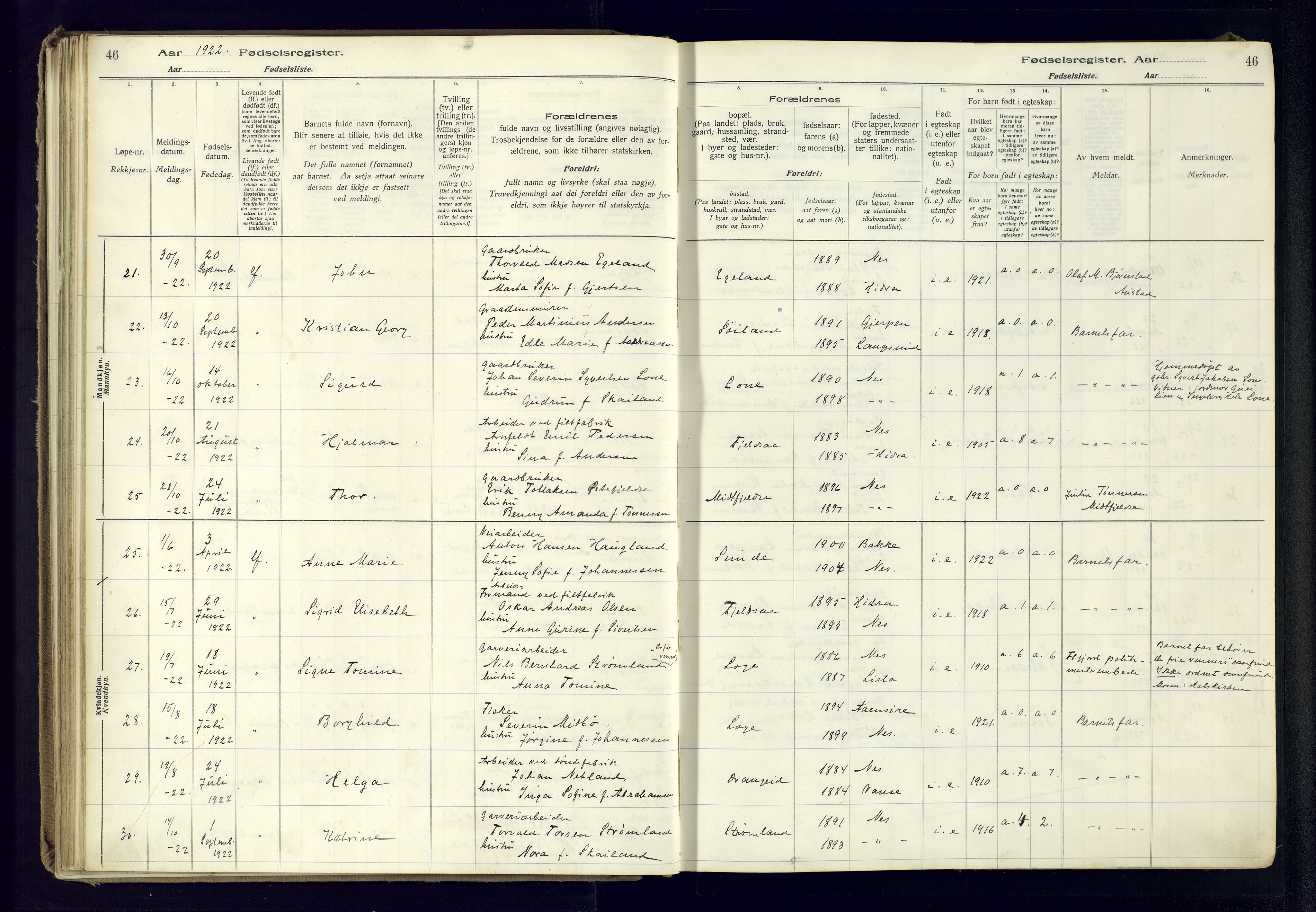 Flekkefjord sokneprestkontor, AV/SAK-1111-0012/J/Ja/L0005: Birth register no. 5, 1916-1950, p. 46