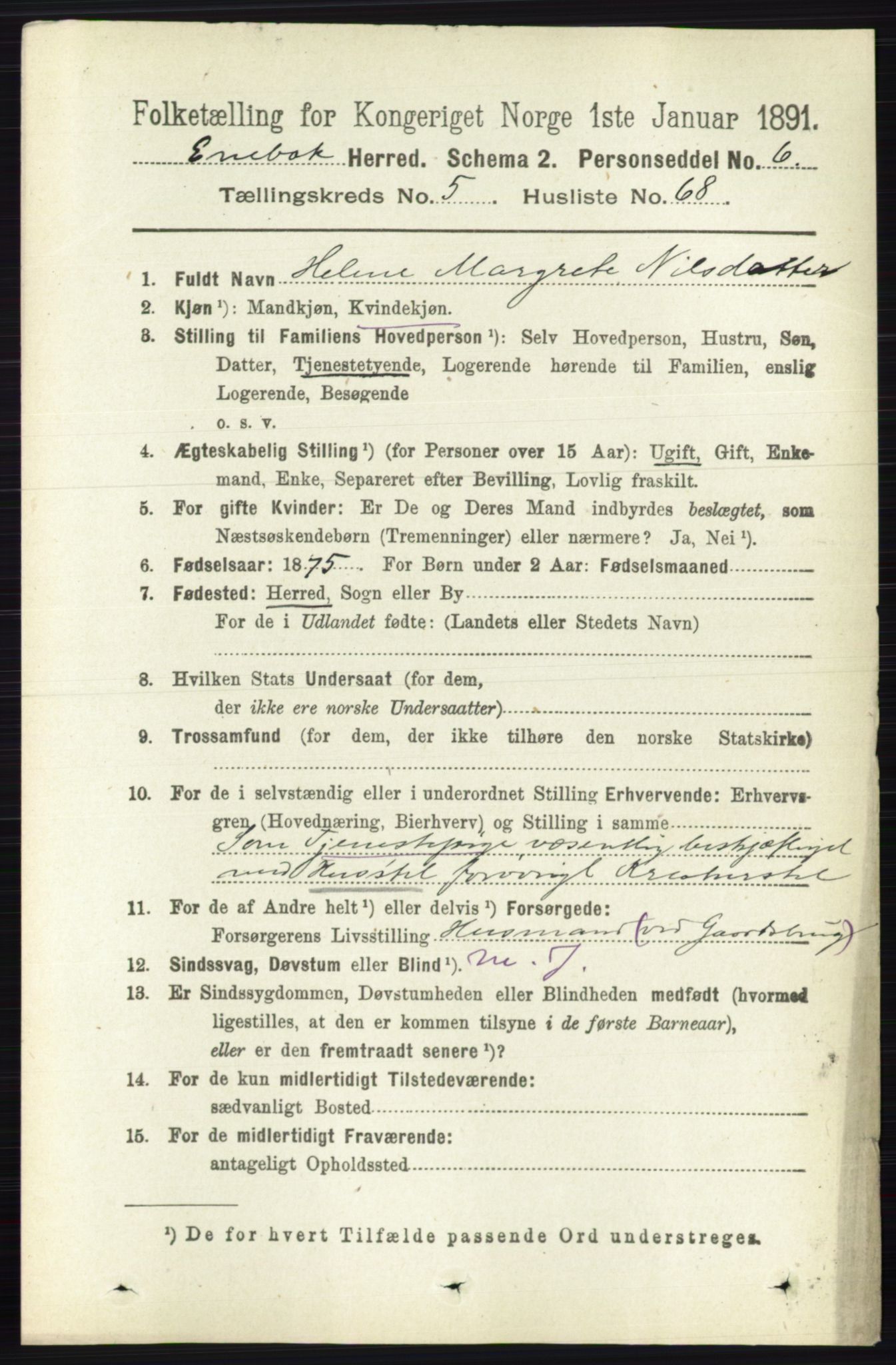 RA, 1891 census for 0229 Enebakk, 1891, p. 2405