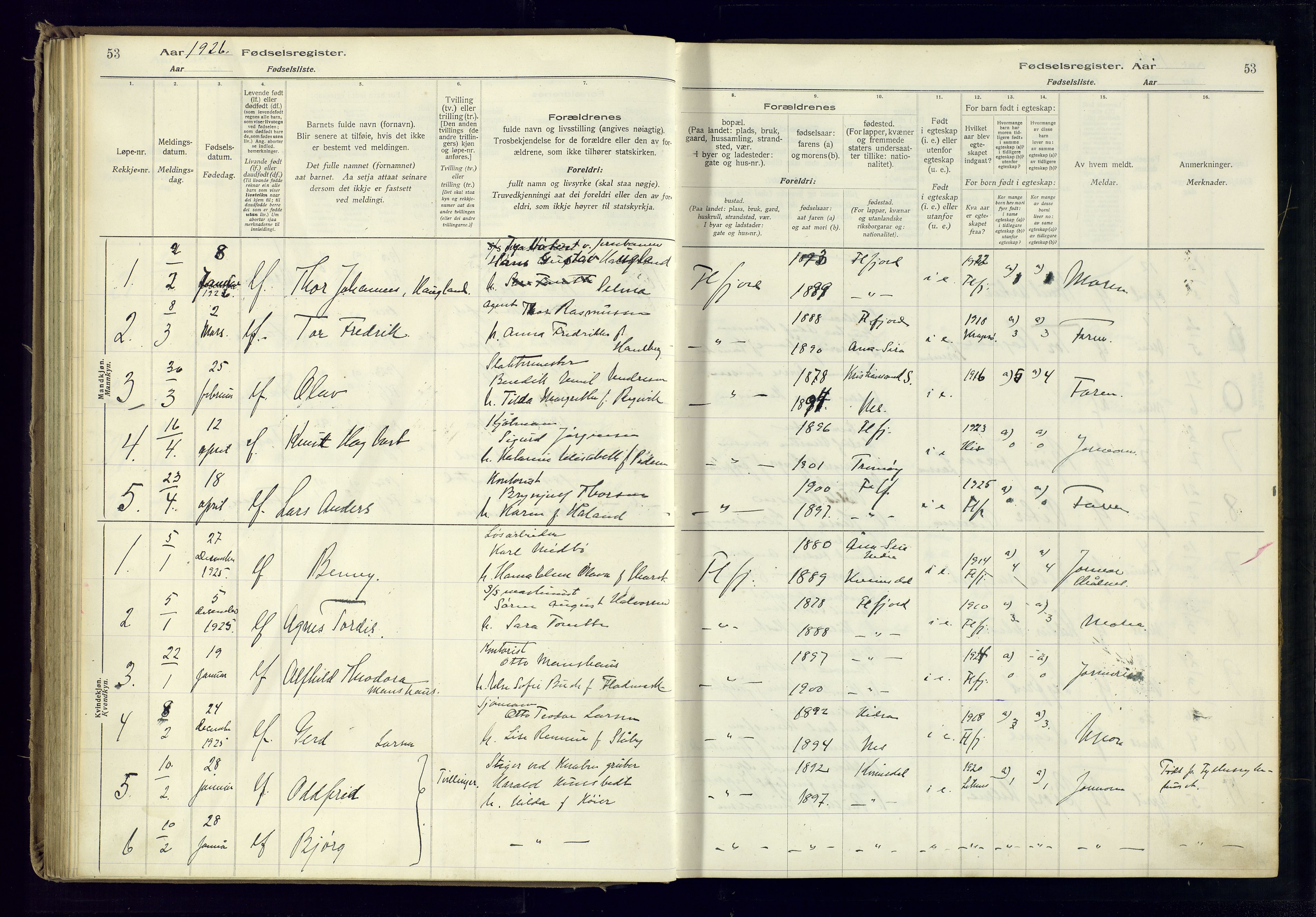 Flekkefjord sokneprestkontor, SAK/1111-0012/J/Ja/L0001: Birth register no. 1, 1916-1948, p. 53