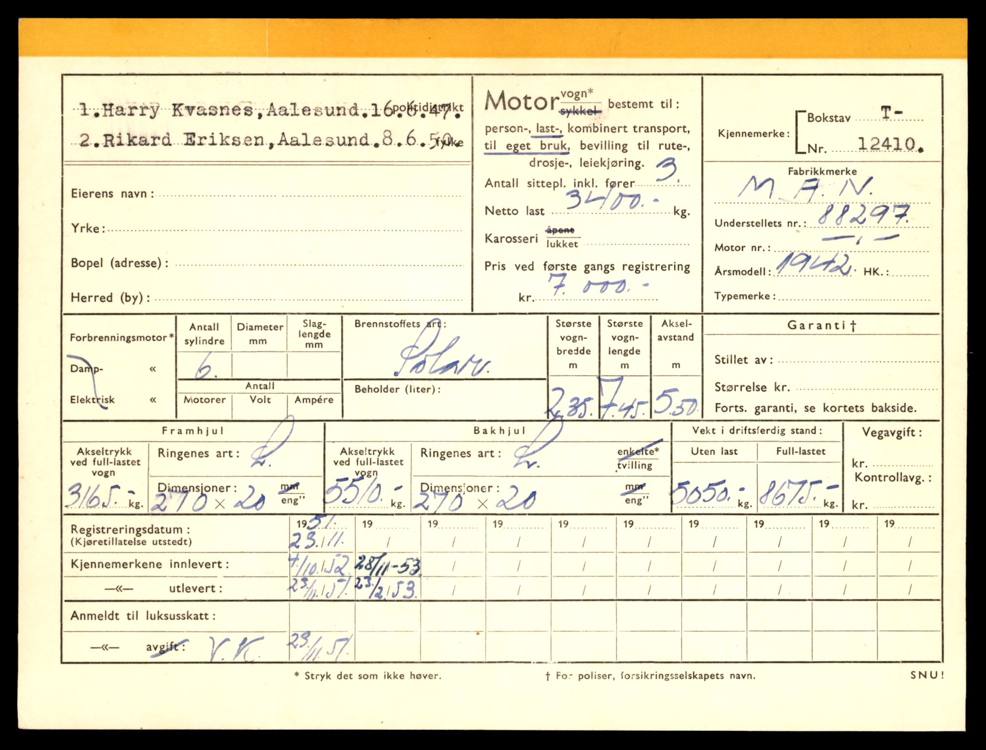 Møre og Romsdal vegkontor - Ålesund trafikkstasjon, SAT/A-4099/F/Fe/L0033: Registreringskort for kjøretøy T 12151 - T 12474, 1927-1998, p. 3013