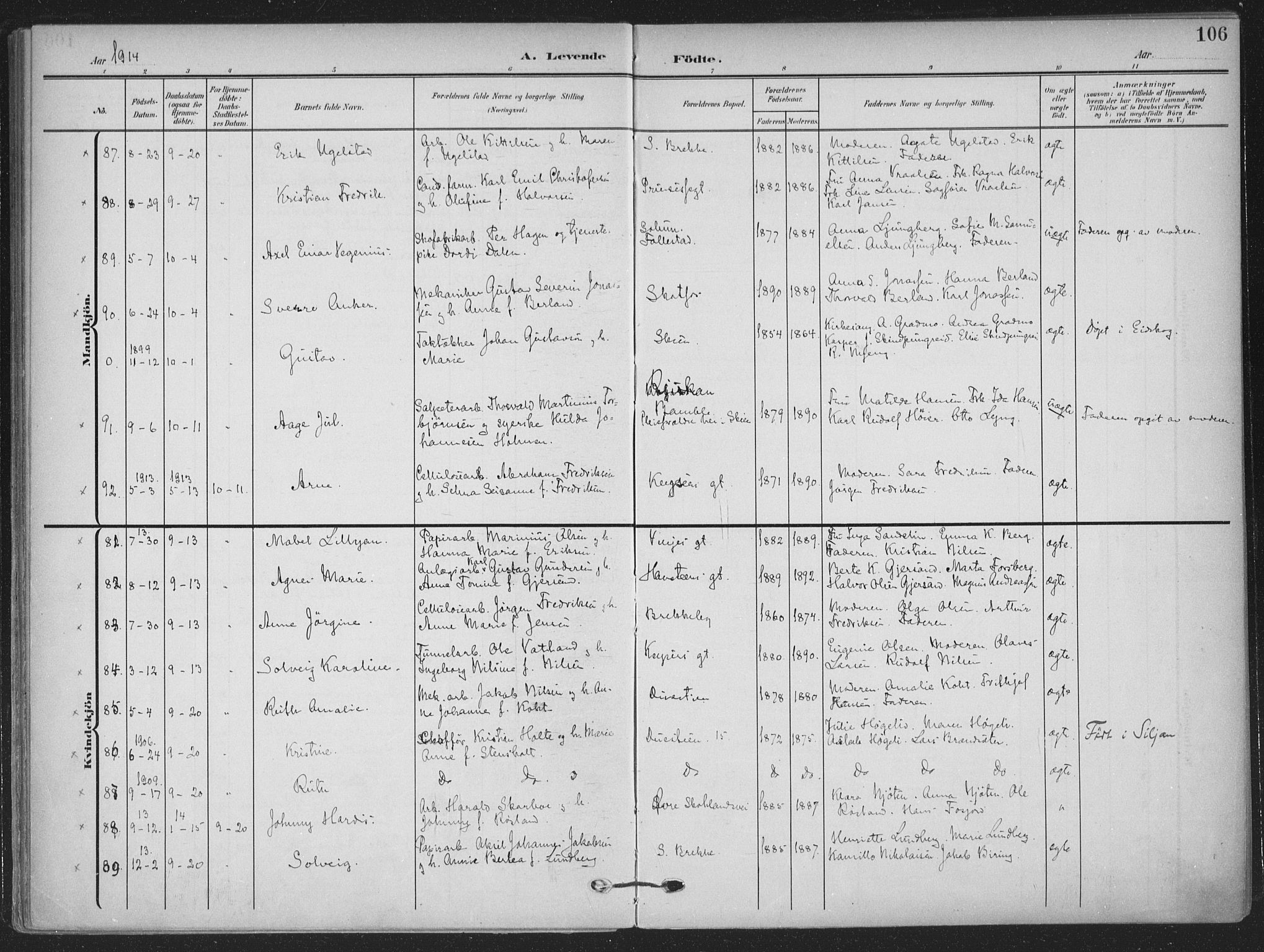 Skien kirkebøker, SAKO/A-302/F/Fa/L0012: Parish register (official) no. 12, 1908-1914, p. 106