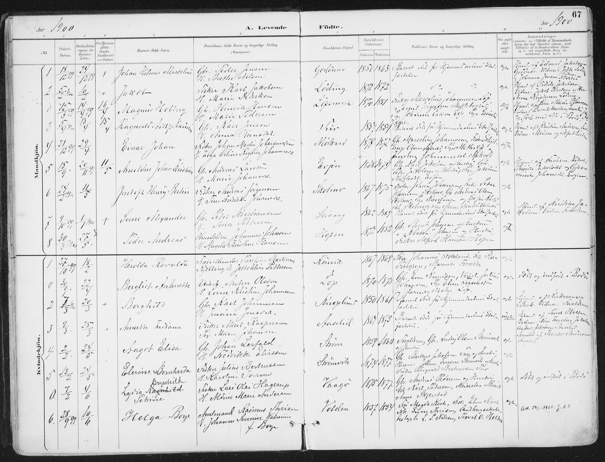 Ministerialprotokoller, klokkerbøker og fødselsregistre - Nordland, AV/SAT-A-1459/802/L0055: Parish register (official) no. 802A02, 1894-1915, p. 67