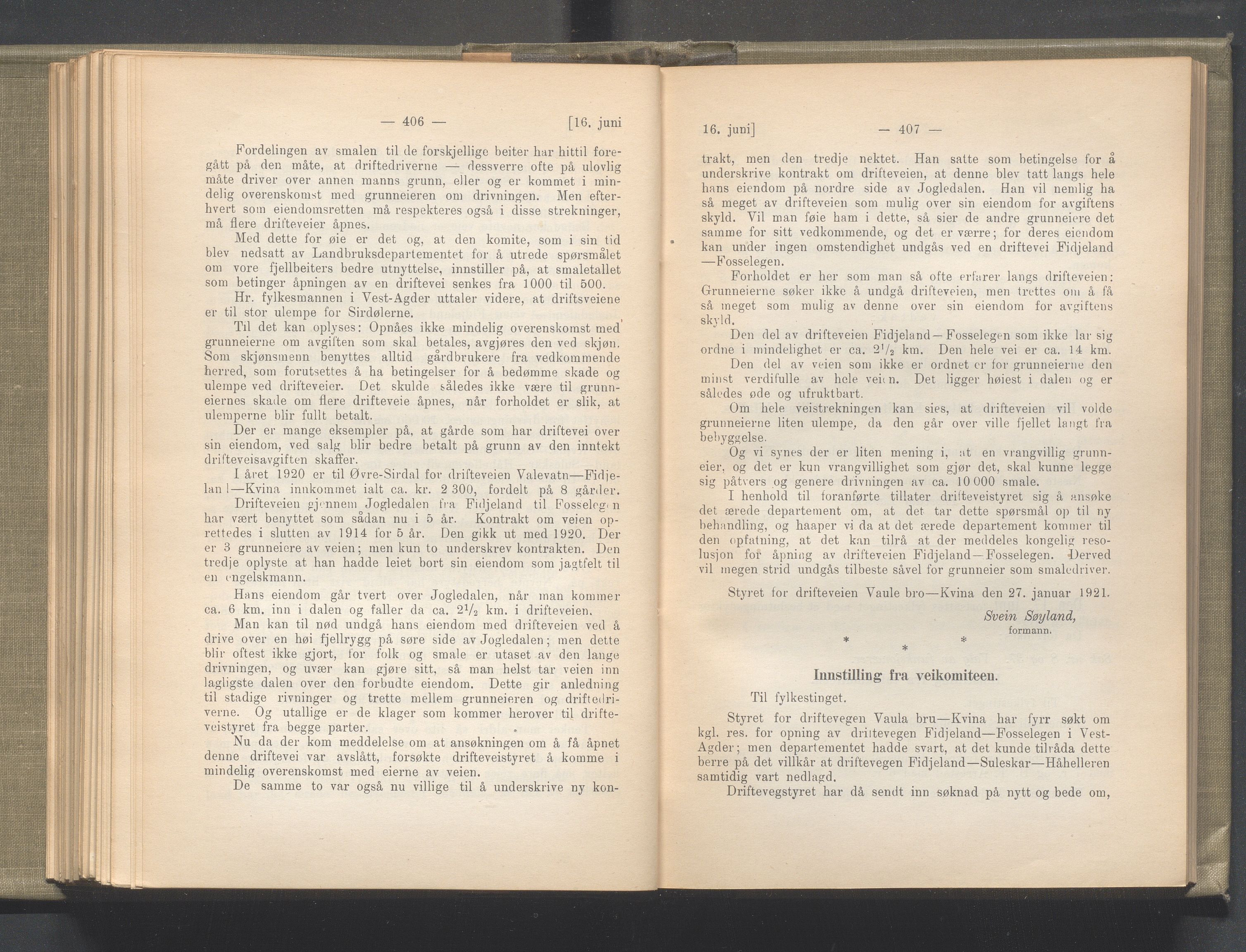 Rogaland fylkeskommune - Fylkesrådmannen , IKAR/A-900/A/Aa/Aaa/L0040: Møtebok , 1921, p. 406-407