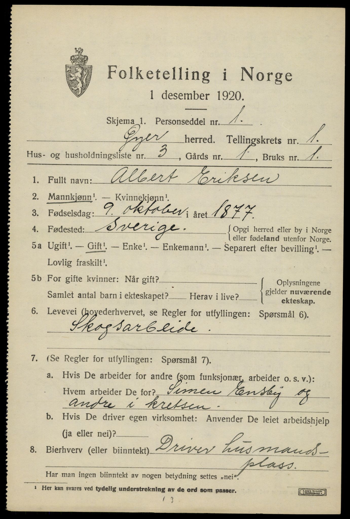 SAH, 1920 census for Øyer, 1920, p. 1227