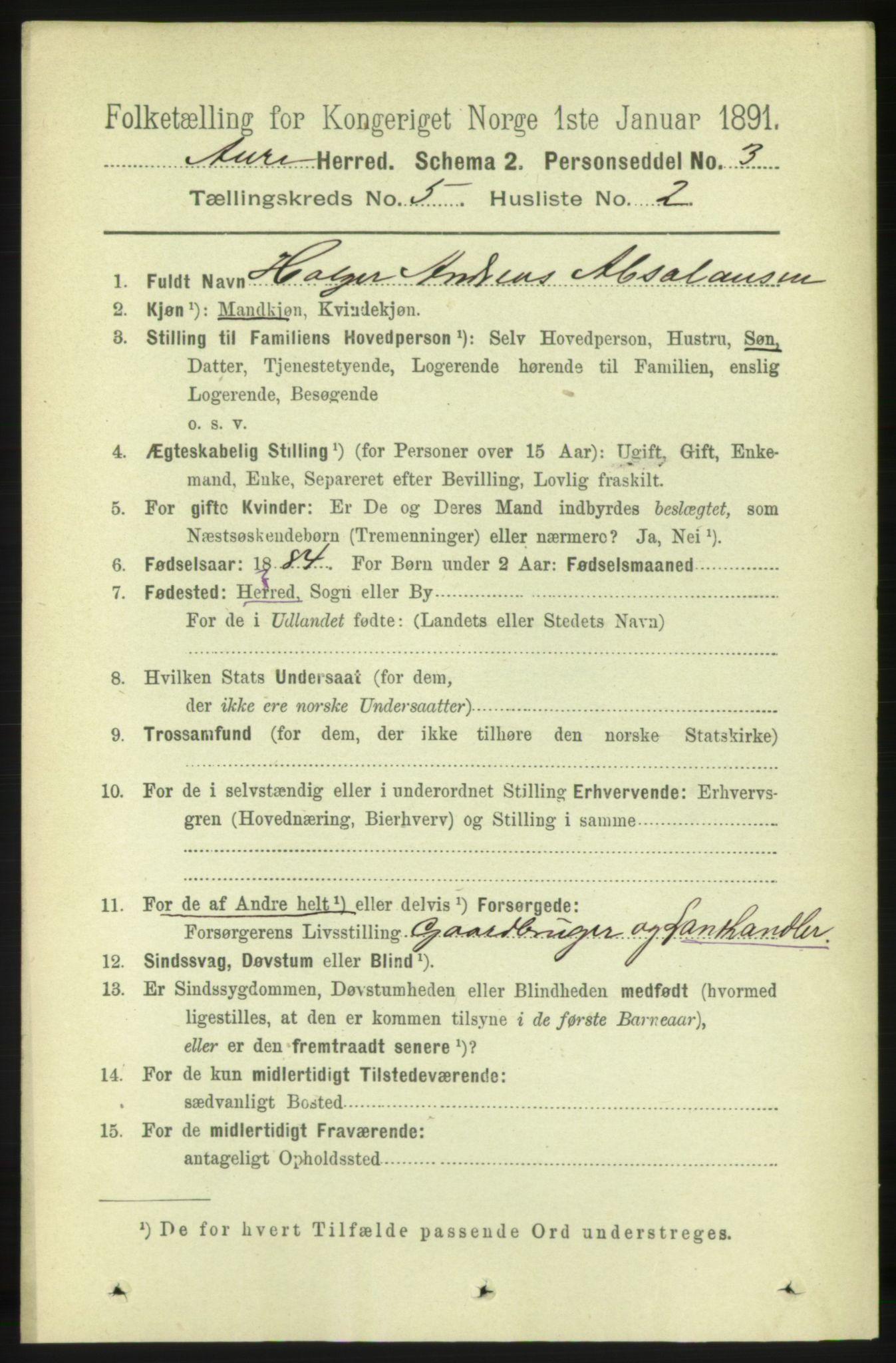 RA, 1891 census for 1569 Aure, 1891, p. 2719