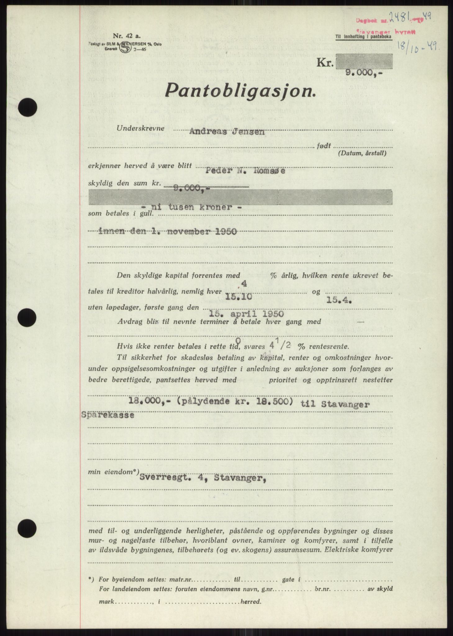 Stavanger byrett, SAST/A-100455/002/G/Gb/L0032: Mortgage book, 1947-1950, Diary no: : 2481/1949