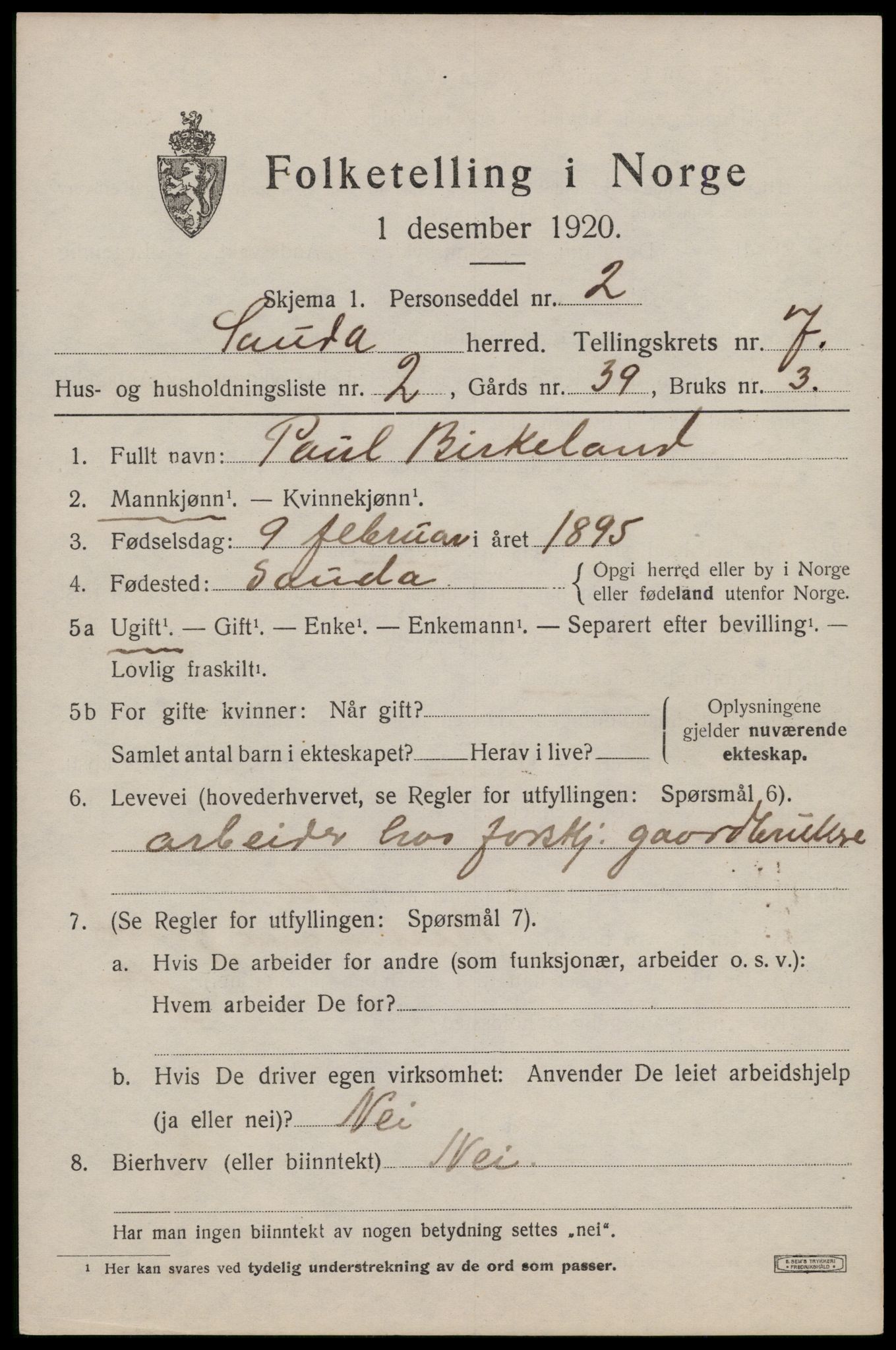 SAST, 1920 census for Sauda, 1920, p. 4106