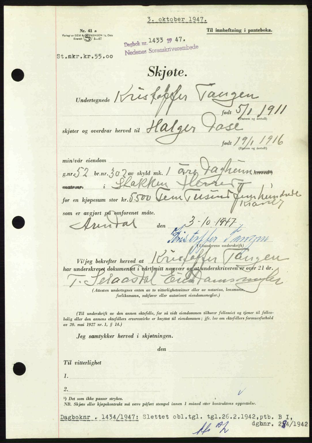 Nedenes sorenskriveri, AV/SAK-1221-0006/G/Gb/Gba/L0058: Mortgage book no. A10, 1947-1948, Diary no: : 1433/1947