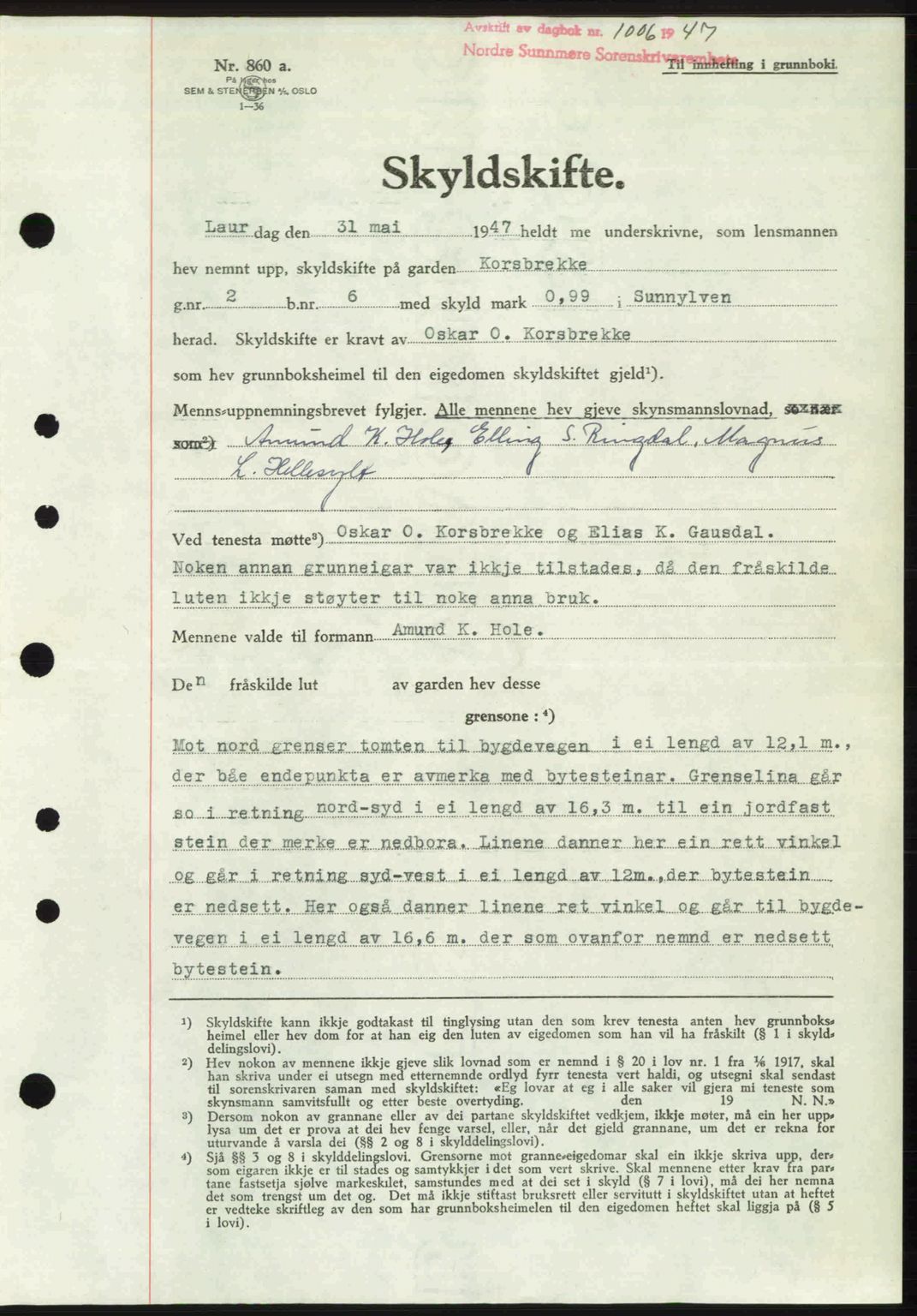 Nordre Sunnmøre sorenskriveri, AV/SAT-A-0006/1/2/2C/2Ca: Mortgage book no. A24, 1947-1947, Diary no: : 1006/1947