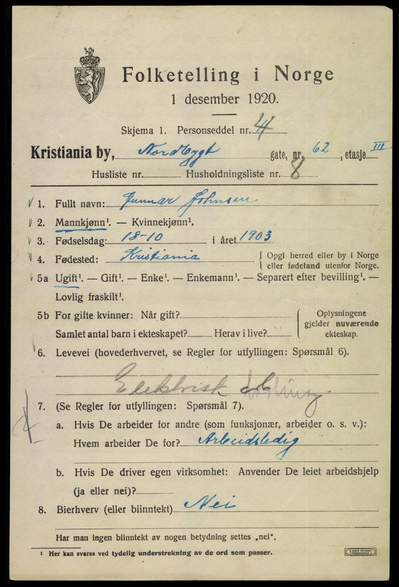 SAO, 1920 census for Kristiania, 1920, p. 420907