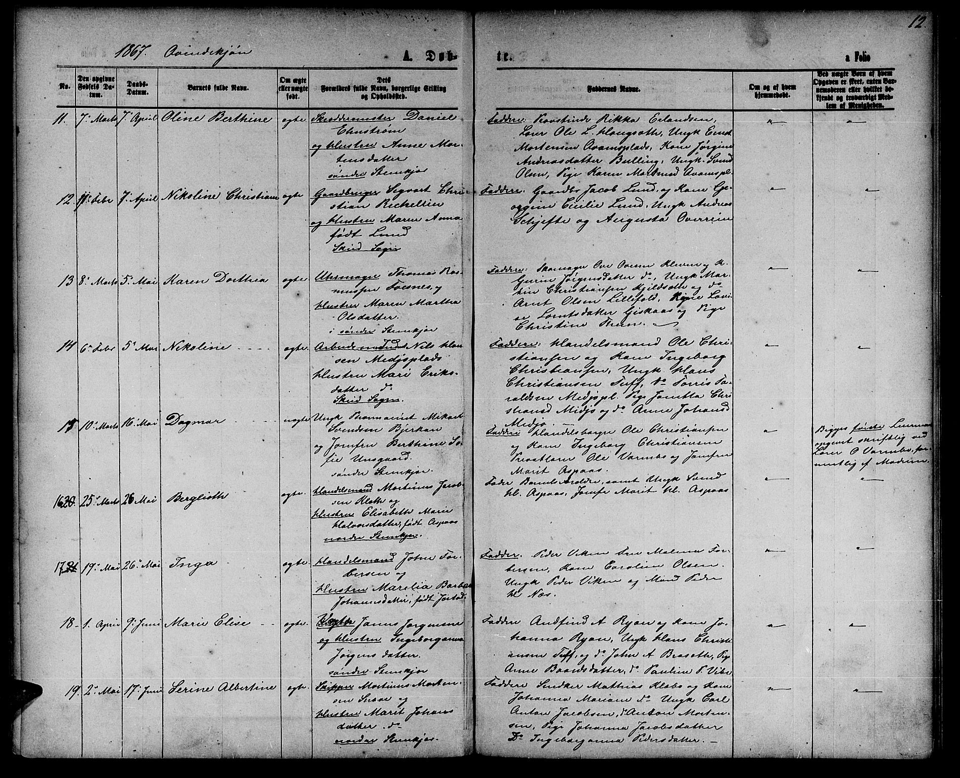 Ministerialprotokoller, klokkerbøker og fødselsregistre - Nord-Trøndelag, SAT/A-1458/739/L0373: Parish register (copy) no. 739C01, 1865-1882, p. 12