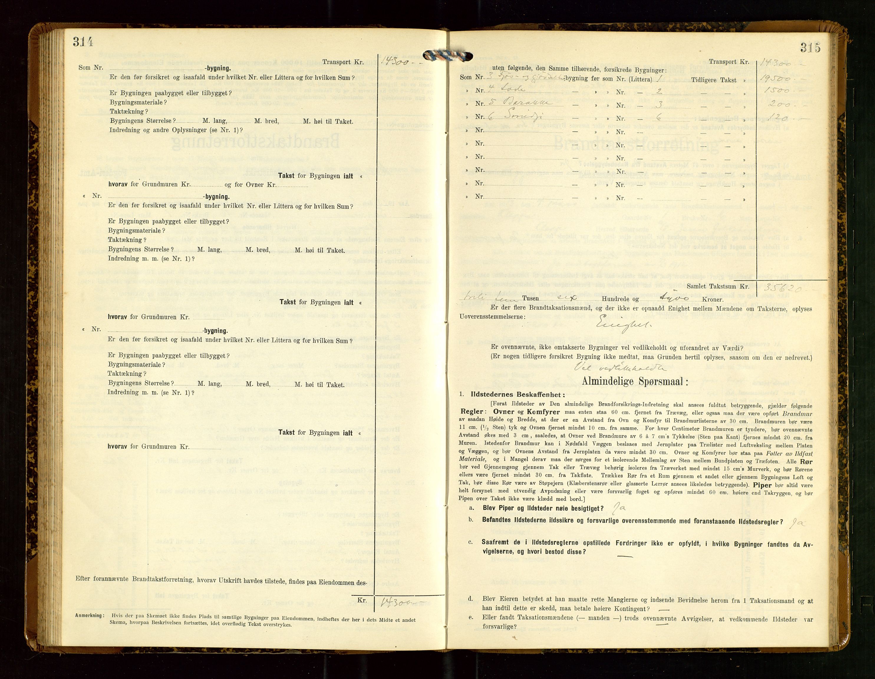 Klepp lensmannskontor, SAST/A-100163/Goc/L0007: "Brandtaxationsprotokol" m/register, 1911-1915, p. 314-315