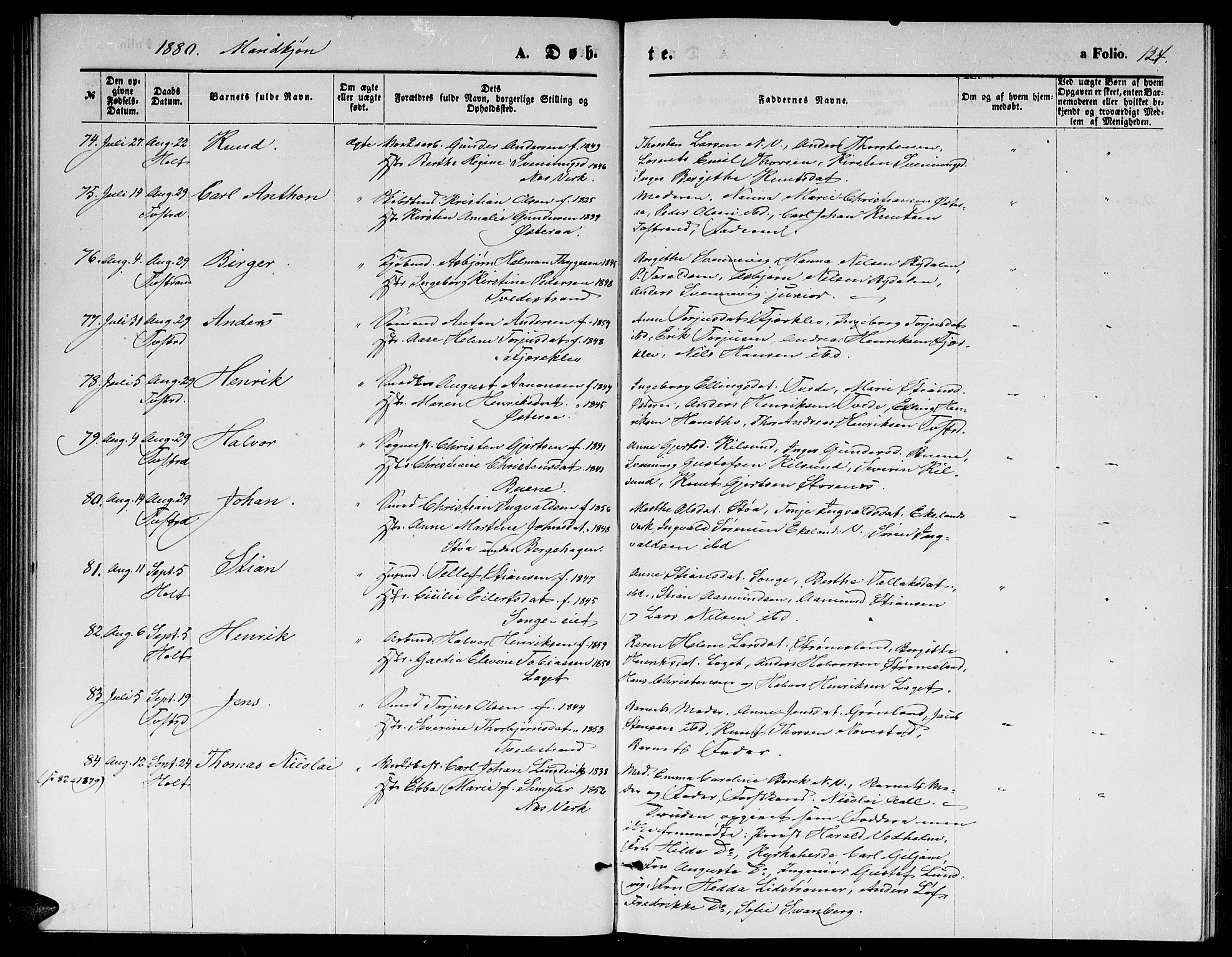 Holt sokneprestkontor, AV/SAK-1111-0021/F/Fb/L0009: Parish register (copy) no. B 9, 1871-1883, p. 124