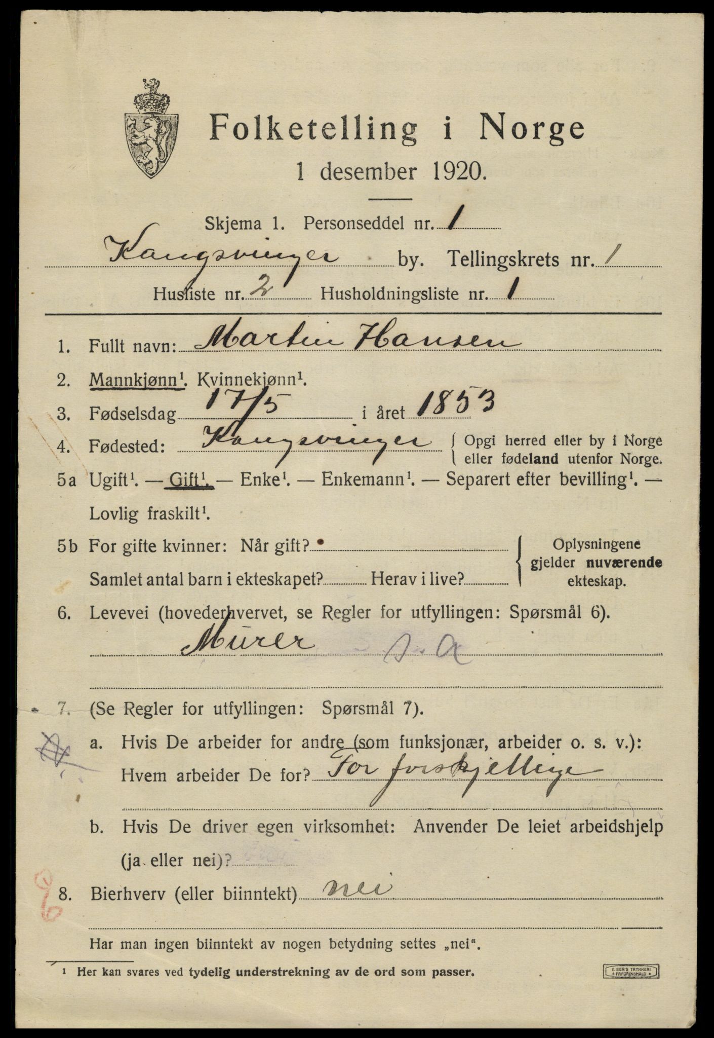 SAH, 1920 census for Kongsvinger, 1920, p. 1425