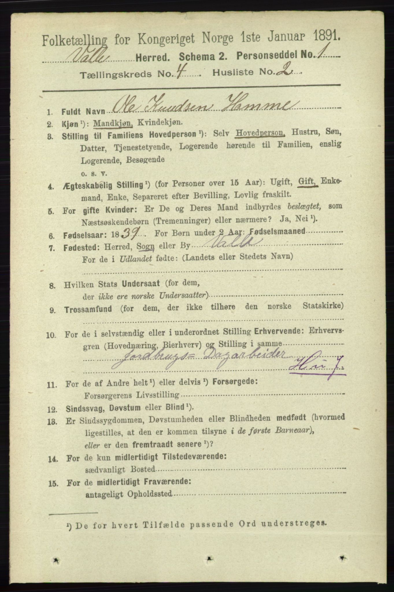 RA, 1891 census for 0940 Valle, 1891, p. 1008