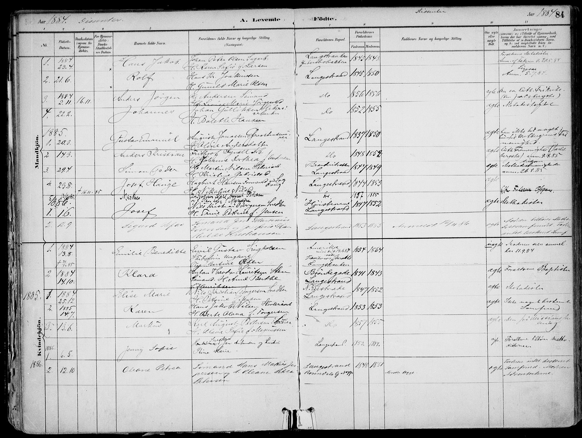 Larvik kirkebøker, AV/SAKO-A-352/F/Fb/L0004: Parish register (official) no. II 4, 1884-1902, p. 84