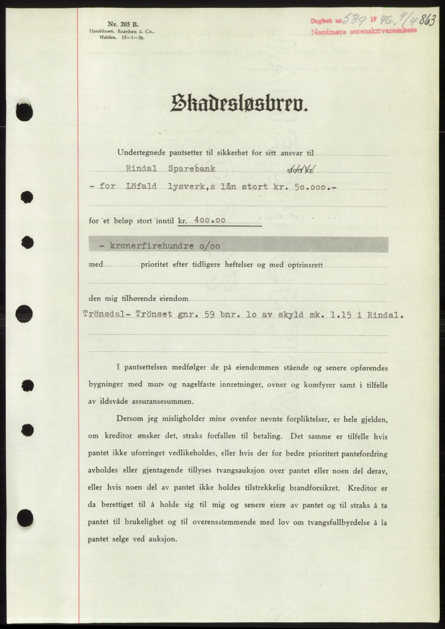 Nordmøre sorenskriveri, AV/SAT-A-4132/1/2/2Ca: Mortgage book no. B93b, 1946-1946, Diary no: : 539/1946