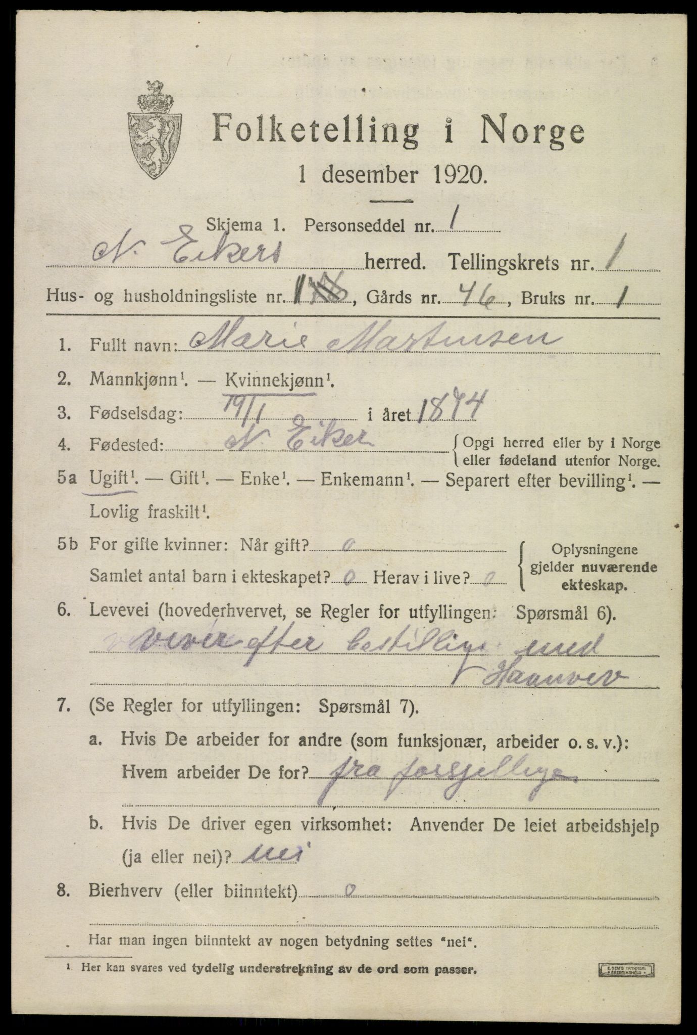 SAKO, 1920 census for Nedre Eiker, 1920, p. 2121