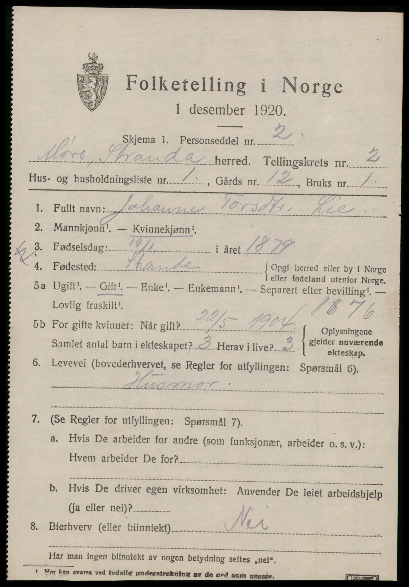 SAT, 1920 census for Stranda, 1920, p. 947