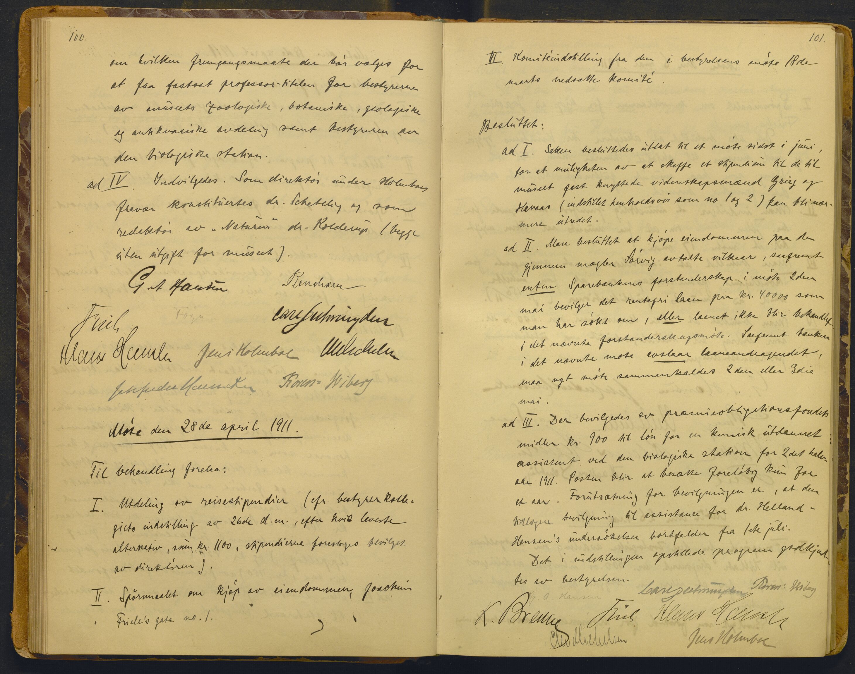Bergens Museum, AV/SAB-A-17301/02/A/L0008: Forhandlingsprotokoll med register , 1906-1927, p. 100-101