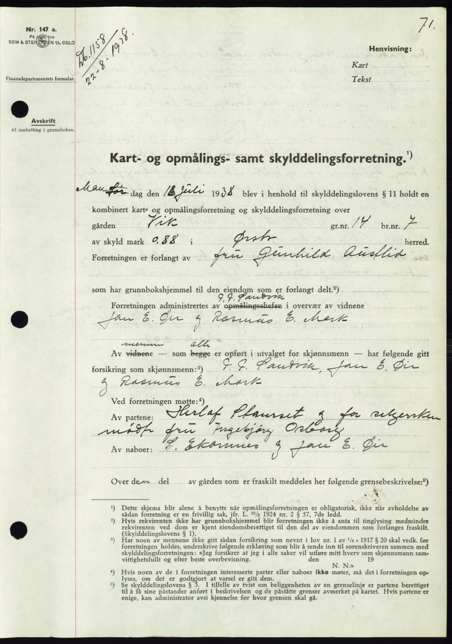 Søre Sunnmøre sorenskriveri, AV/SAT-A-4122/1/2/2C/L0066: Mortgage book no. 60, 1938-1938, Diary no: : 1158/1938