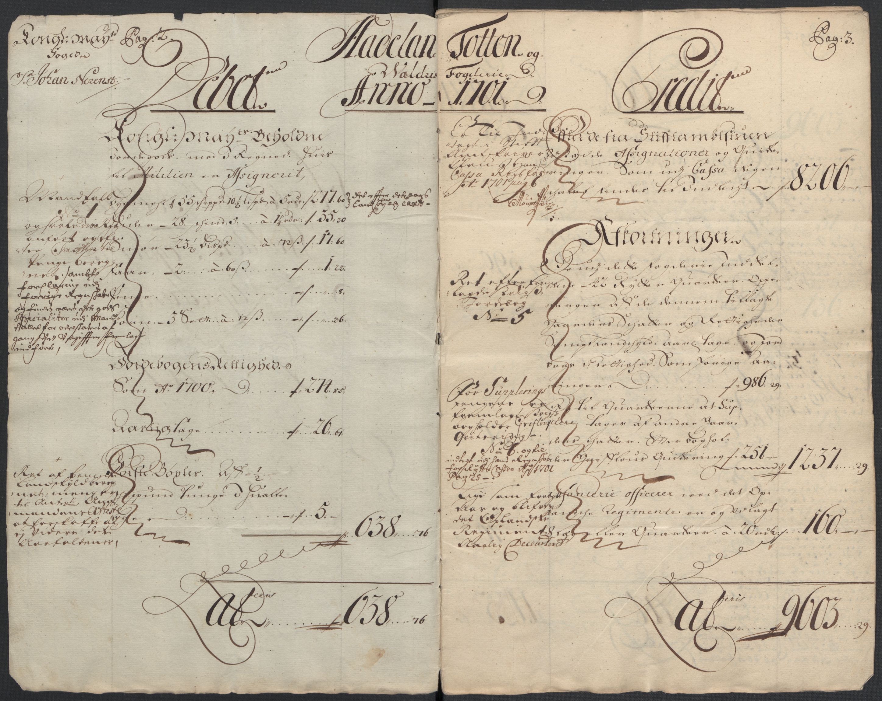 Rentekammeret inntil 1814, Reviderte regnskaper, Fogderegnskap, AV/RA-EA-4092/R18/L1299: Fogderegnskap Hadeland, Toten og Valdres, 1701, p. 4