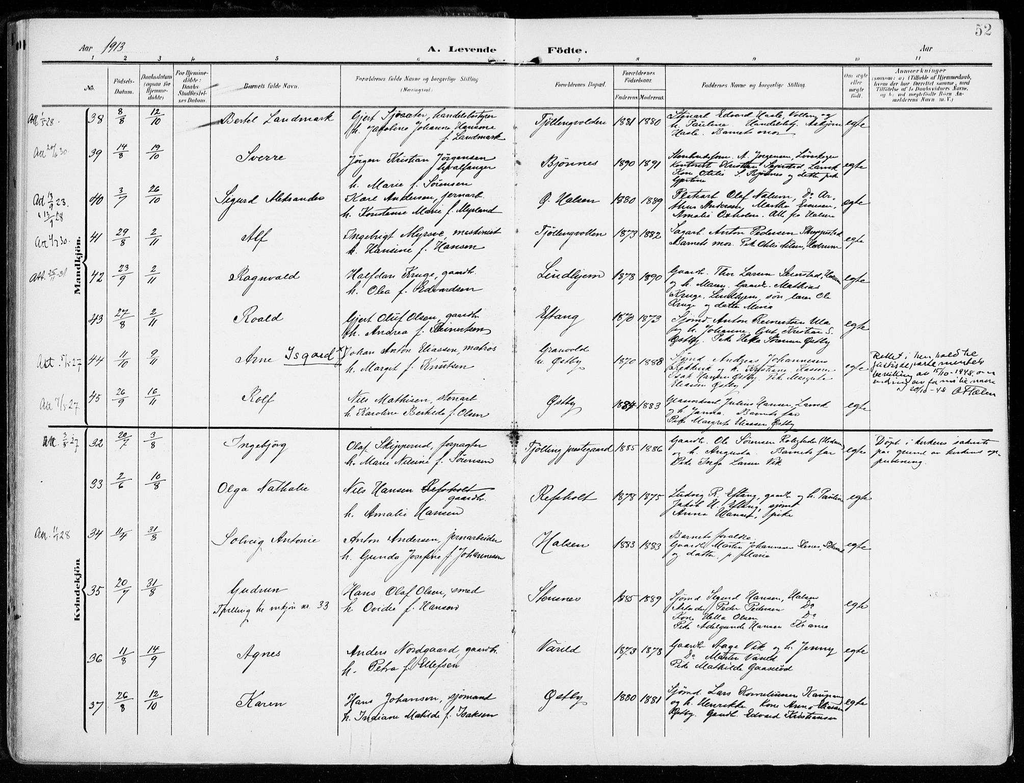 Tjølling kirkebøker, AV/SAKO-A-60/F/Fa/L0010: Parish register (official) no. 10, 1906-1923, p. 52