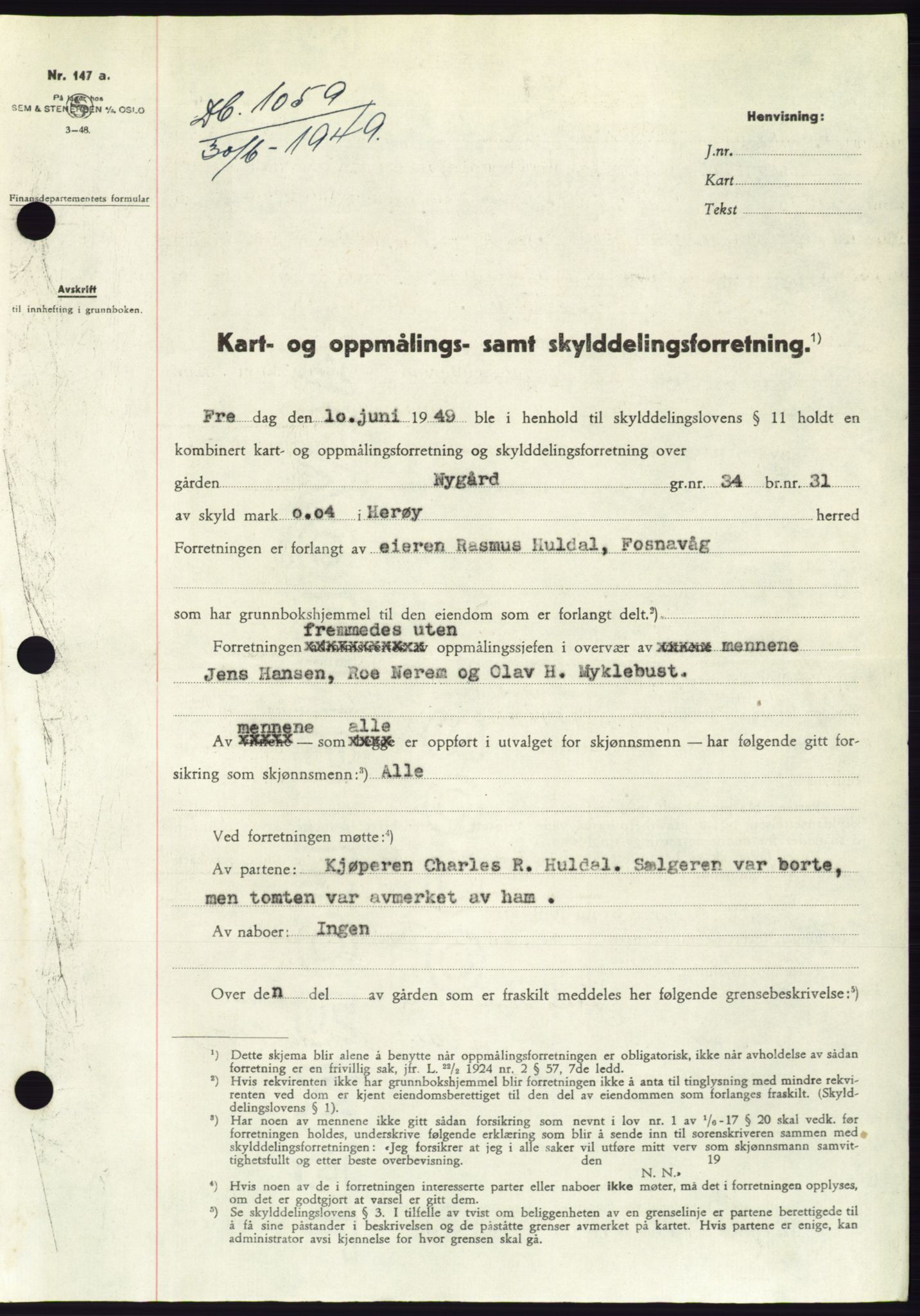 Søre Sunnmøre sorenskriveri, AV/SAT-A-4122/1/2/2C/L0084: Mortgage book no. 10A, 1949-1949, Diary no: : 1059/1949