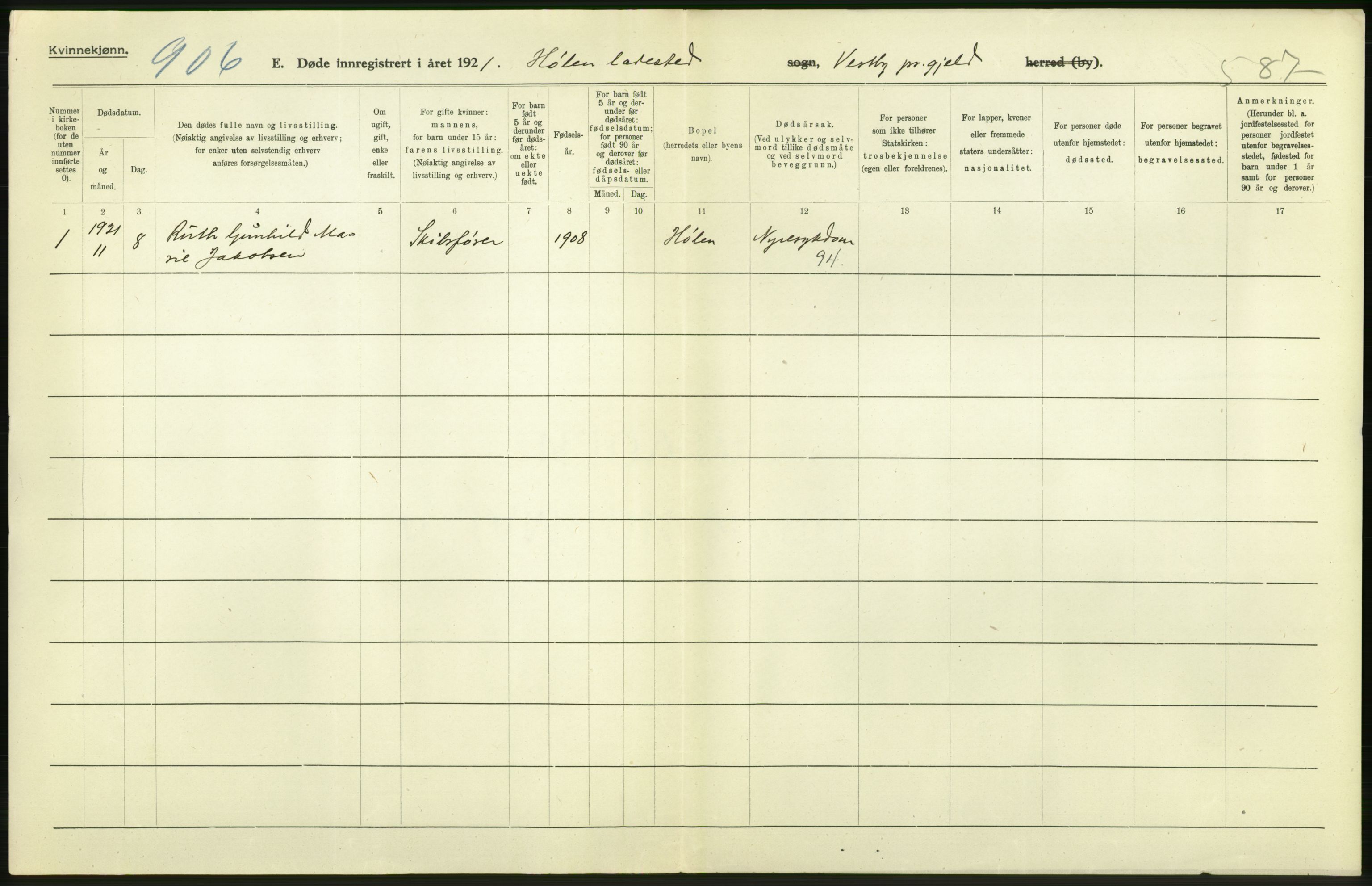 Statistisk sentralbyrå, Sosiodemografiske emner, Befolkning, AV/RA-S-2228/D/Df/Dfc/Dfca/L0007: Akershus fylke: Døde. Bygder og byer., 1921, p. 506