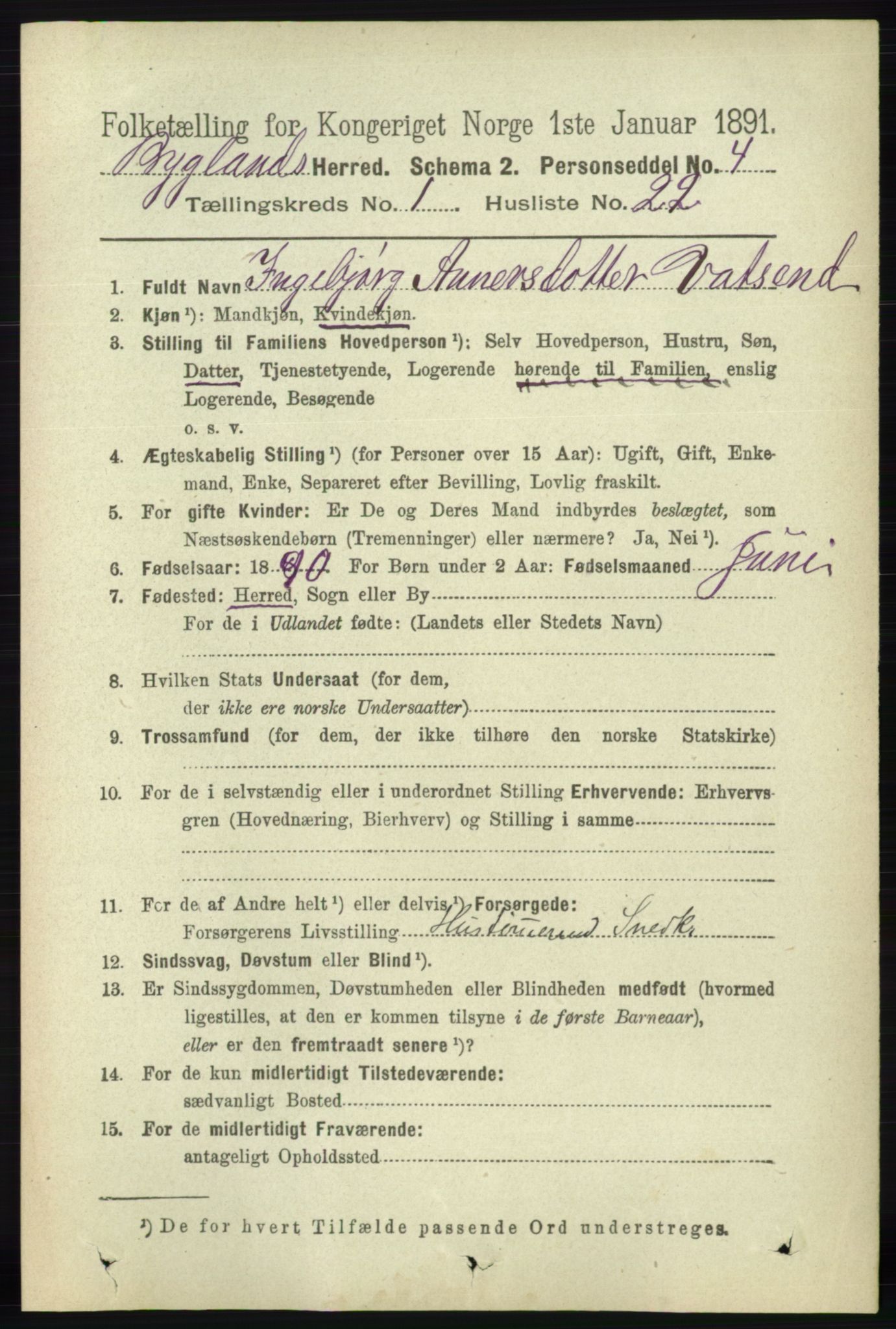 RA, 1891 census for 0938 Bygland, 1891, p. 208