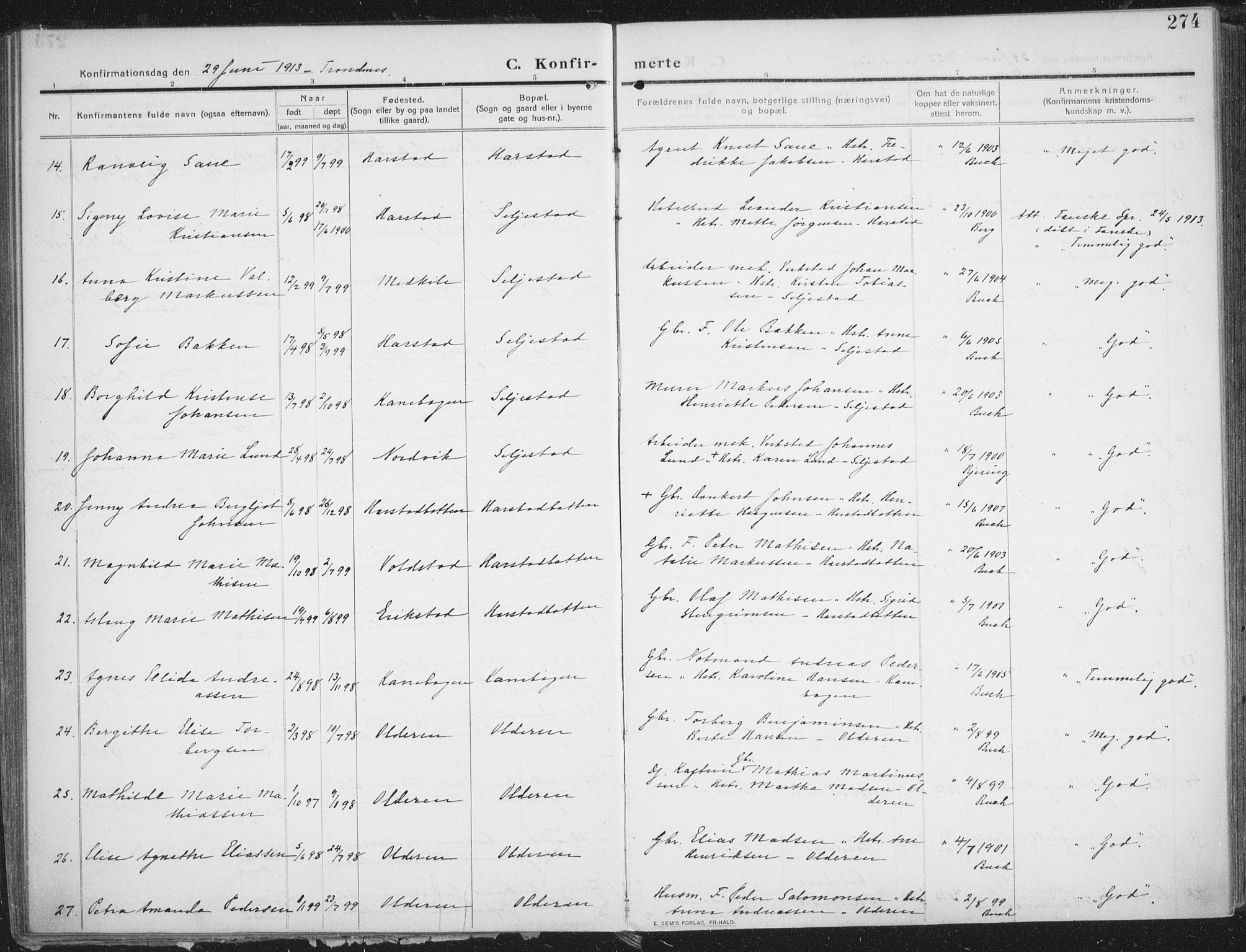 Trondenes sokneprestkontor, AV/SATØ-S-1319/H/Ha/L0018kirke: Parish register (official) no. 18, 1909-1918, p. 274