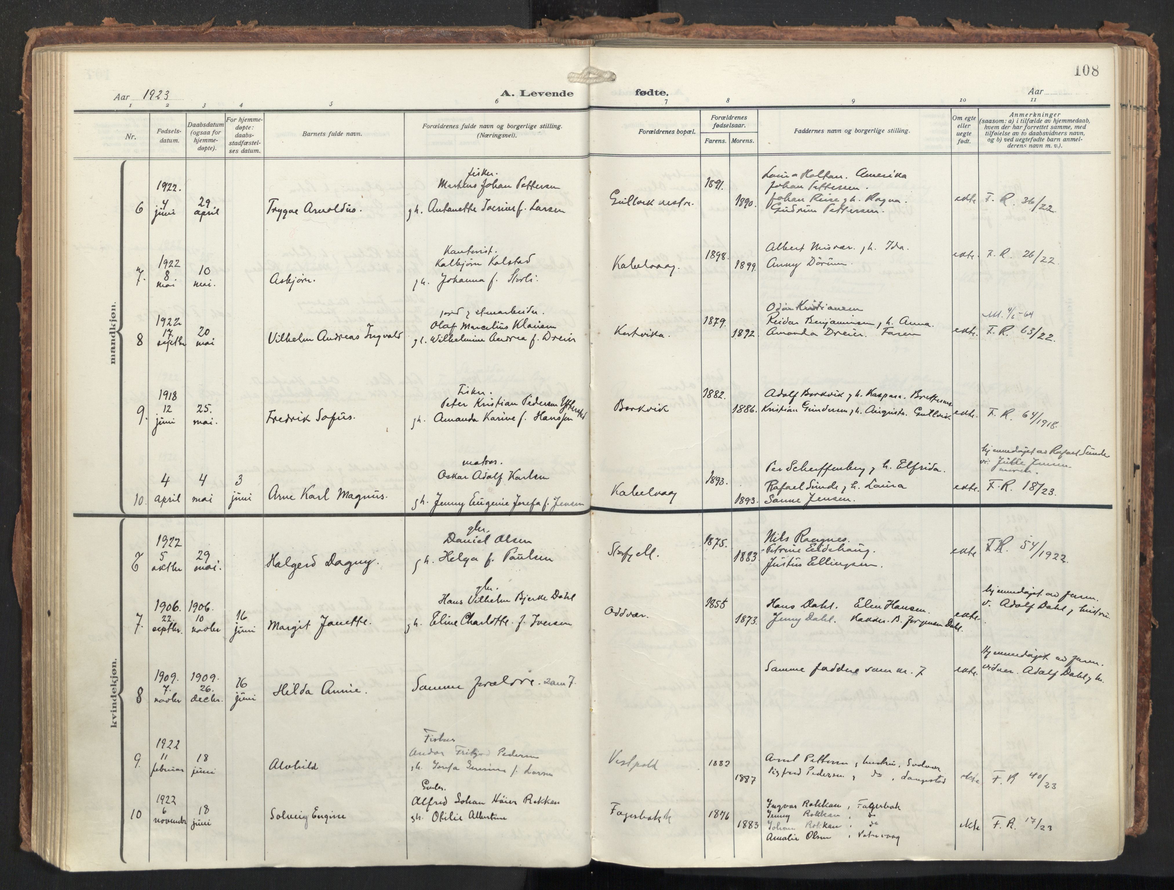 Ministerialprotokoller, klokkerbøker og fødselsregistre - Nordland, AV/SAT-A-1459/874/L1064: Parish register (official) no. 874A08, 1915-1926, p. 108