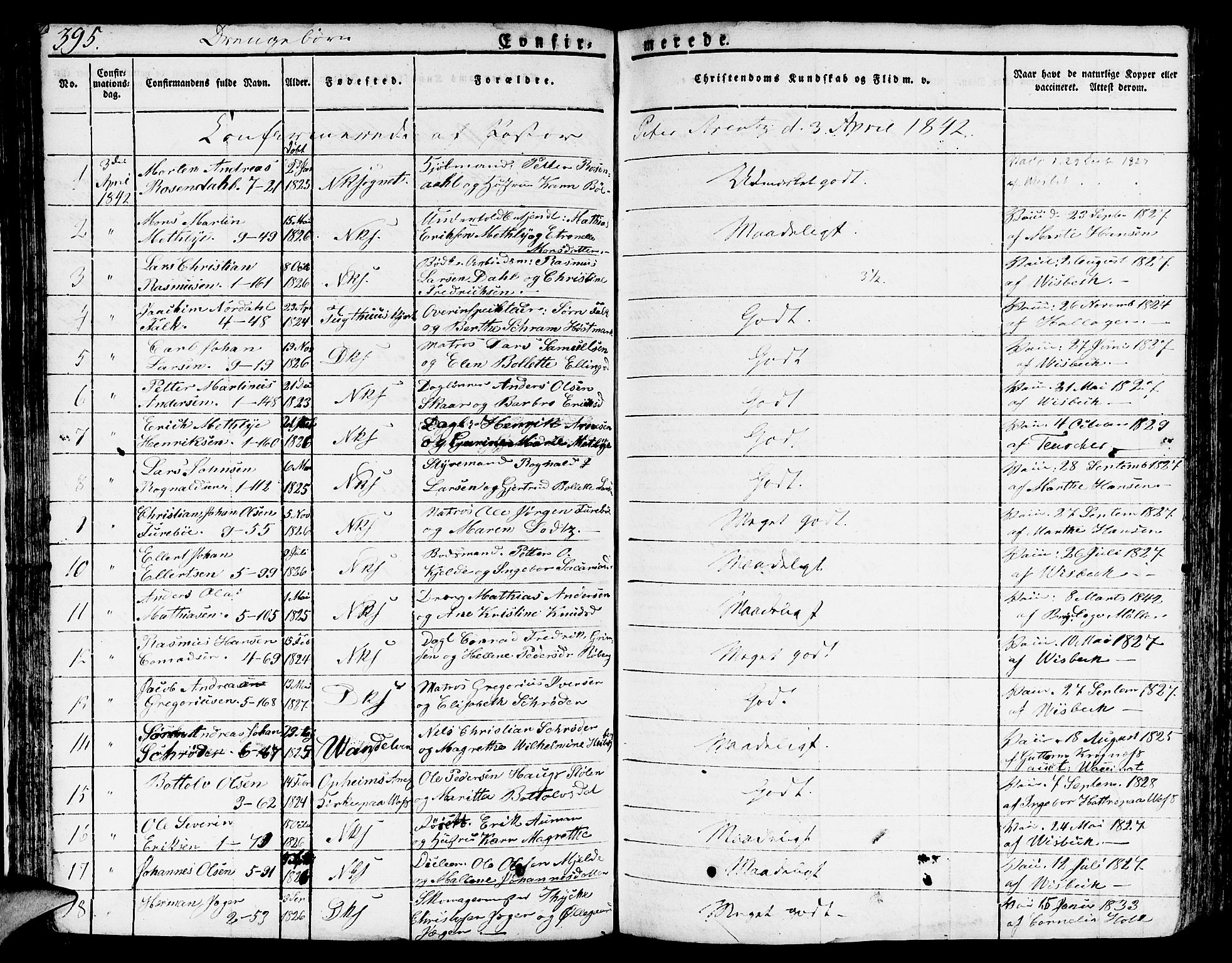 Nykirken Sokneprestembete, SAB/A-77101/H/Hab: Parish register (copy) no. A 5II, 1821-1843, p. 395