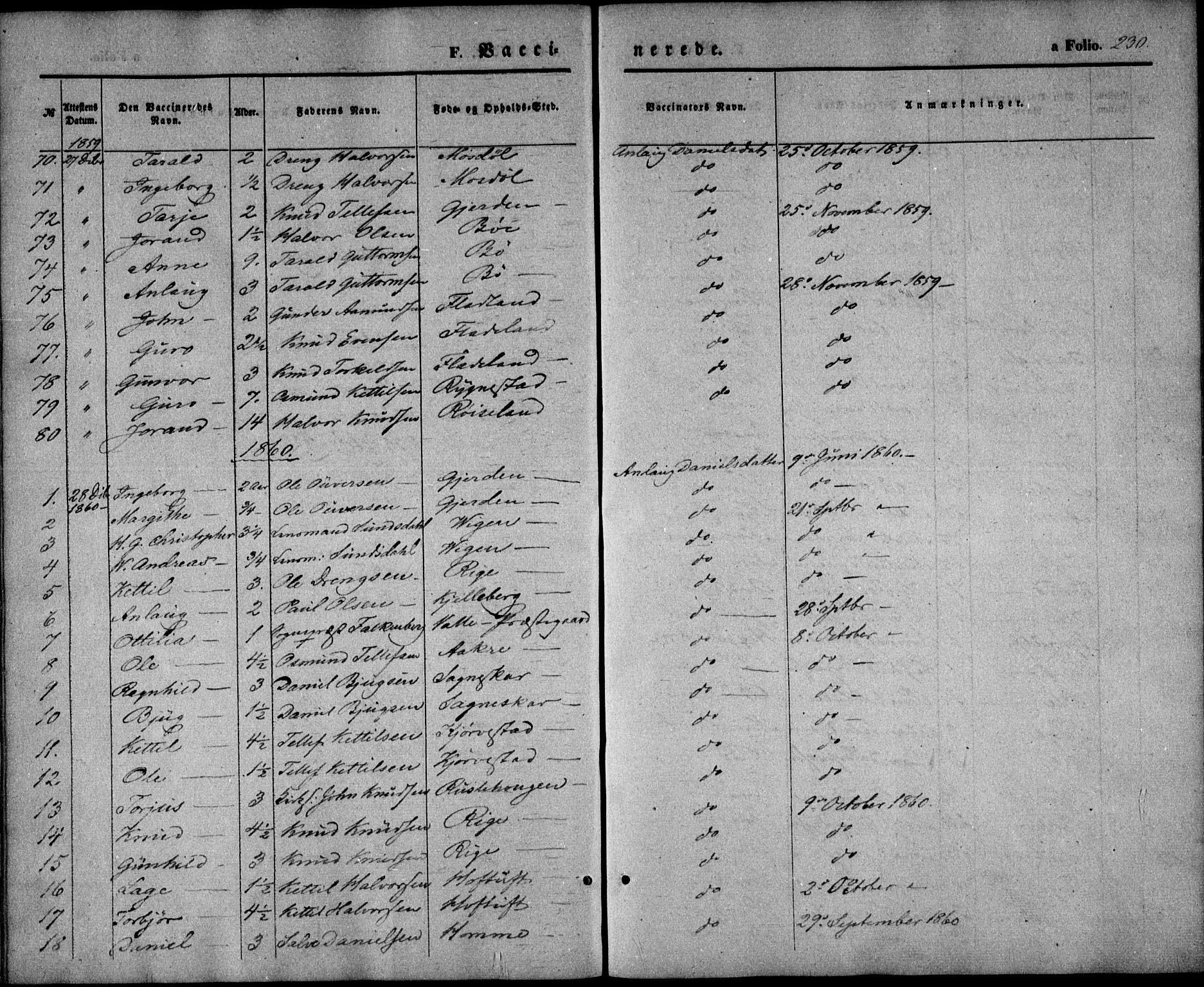 Valle sokneprestkontor, SAK/1111-0044/F/Fa/Fac/L0007: Parish register (official) no. A 7, 1854-1868, p. 230