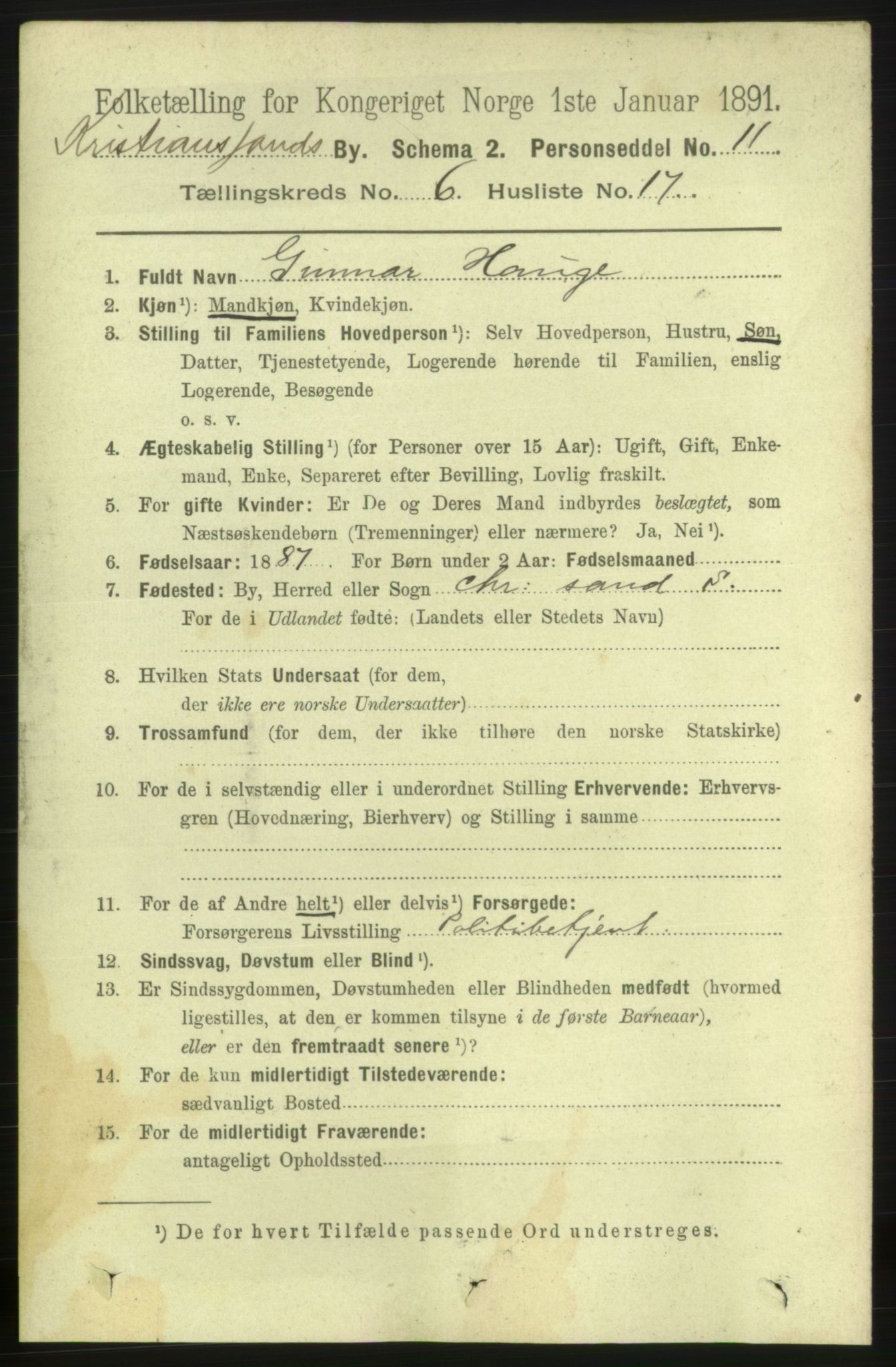 RA, 1891 census for 1001 Kristiansand, 1891, p. 4655